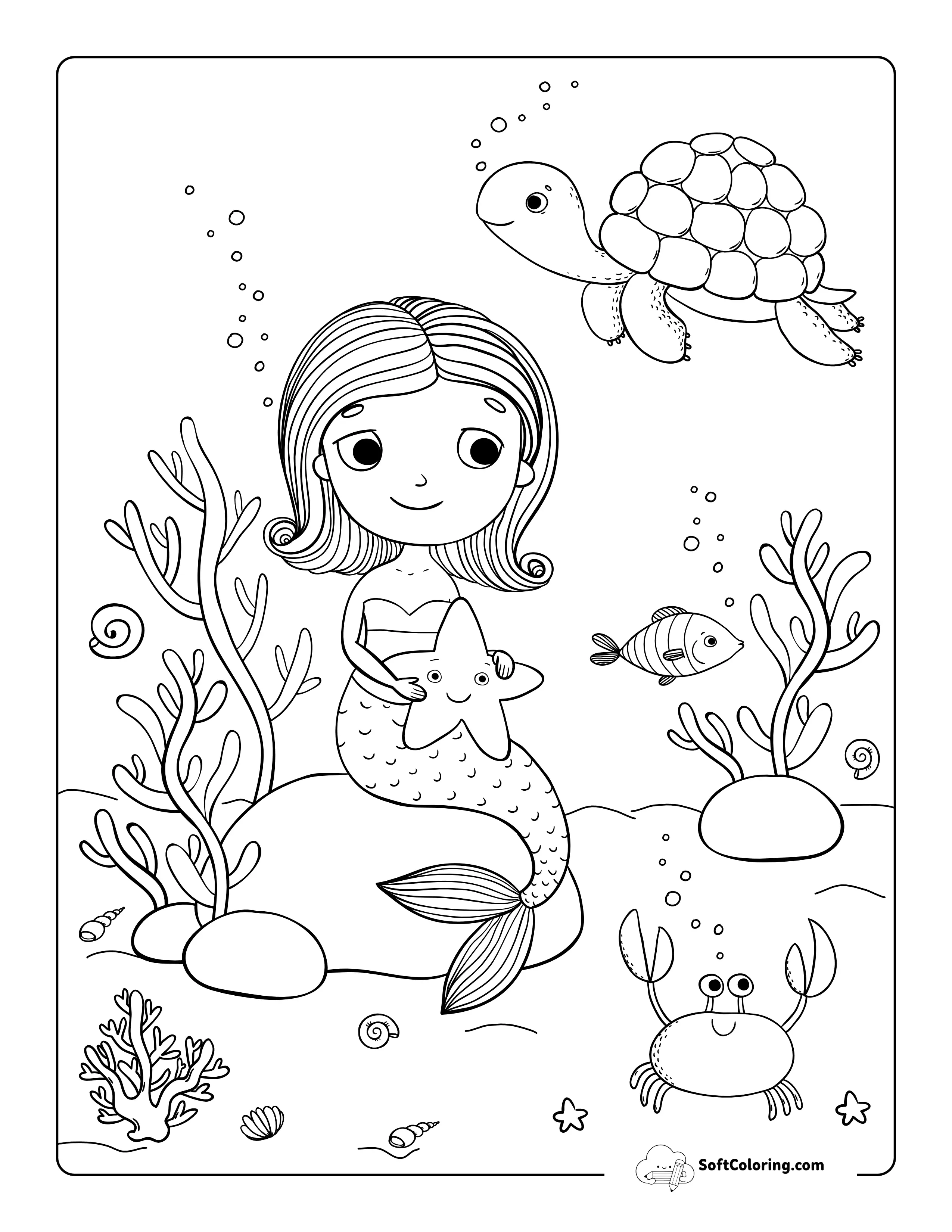 Girl Mermaid & Sea Creatures Coloring Sheet