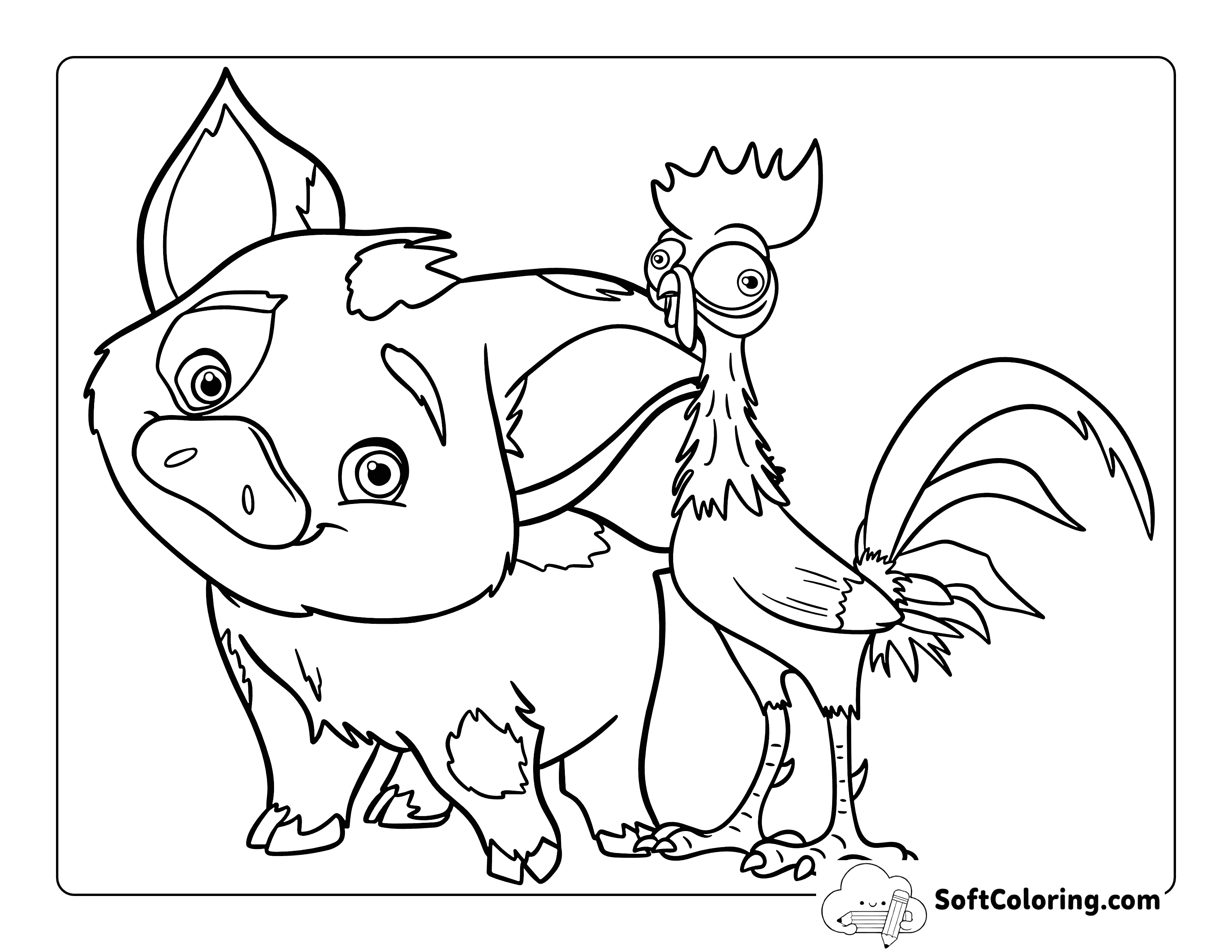 Cute Pig and Chicken Moana-Inspired Coloring Page
