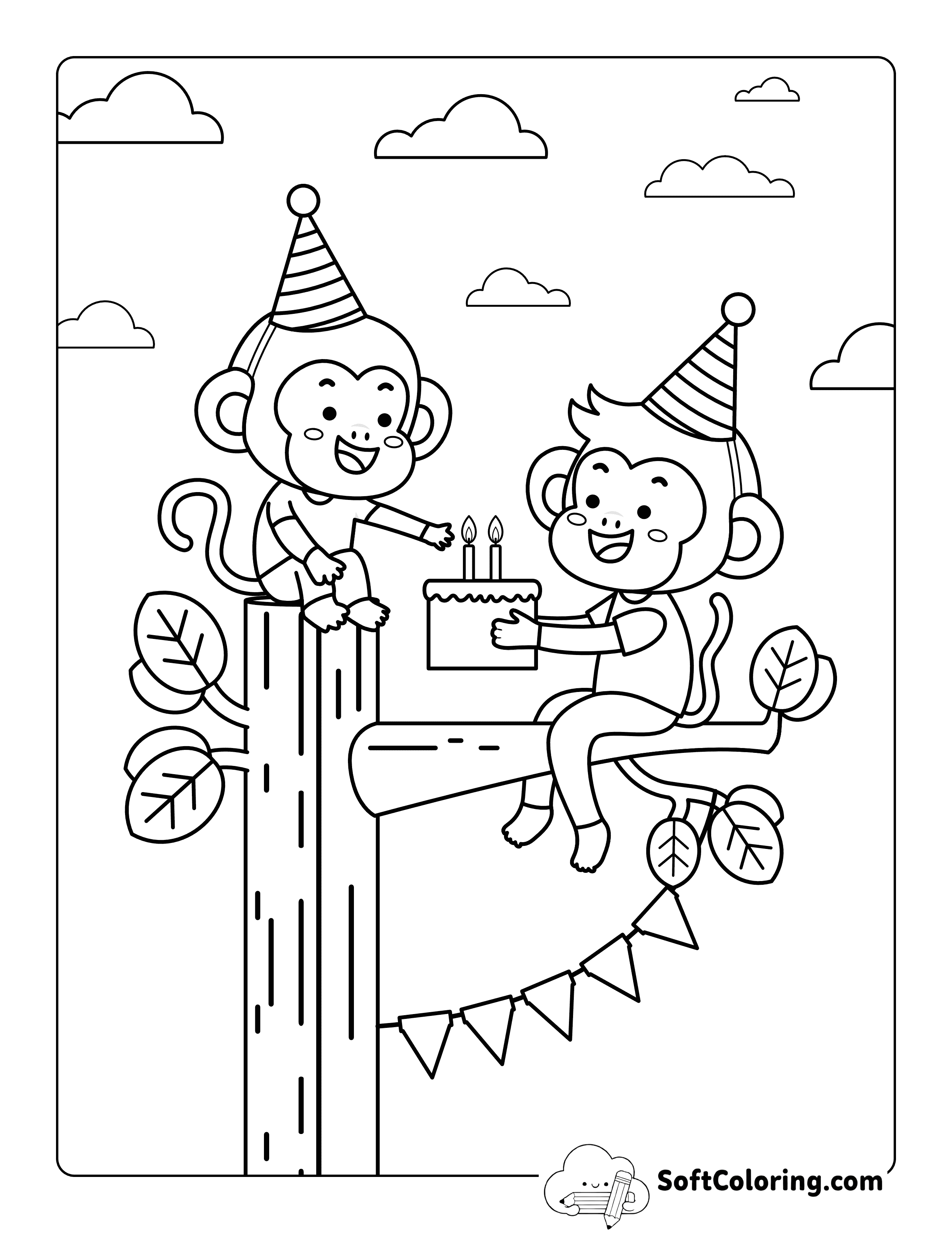 Cute Baby Monkey Birthday Cake Coloring Page