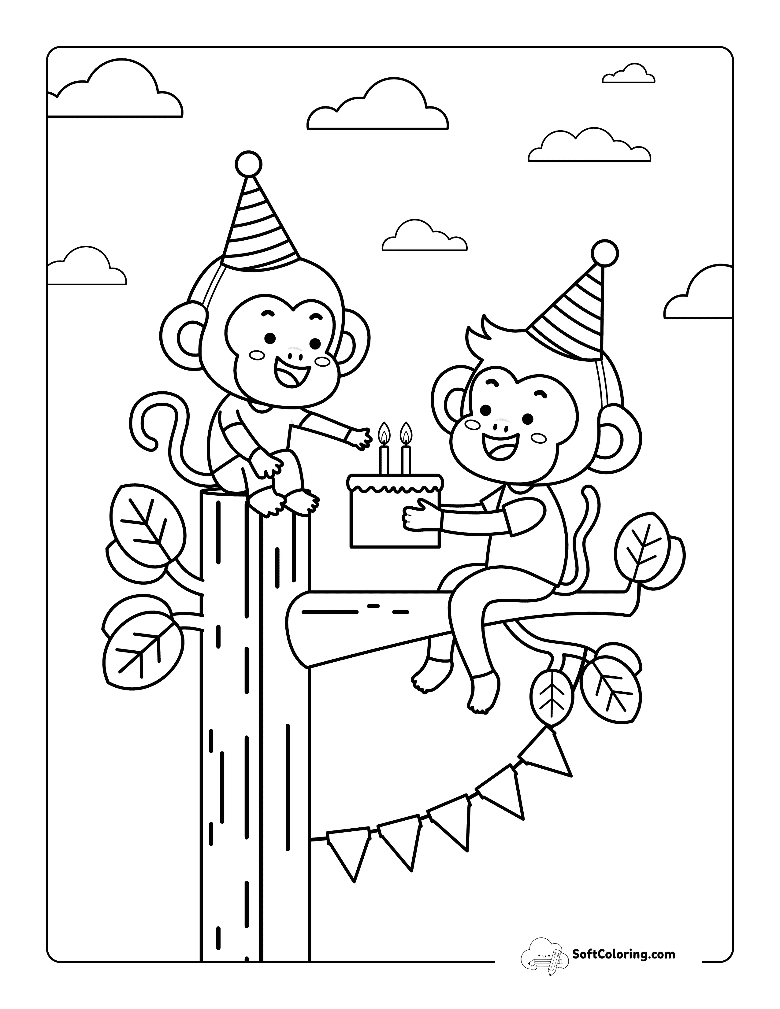 Cute Baby Monkey Birthday Cake Coloring Page