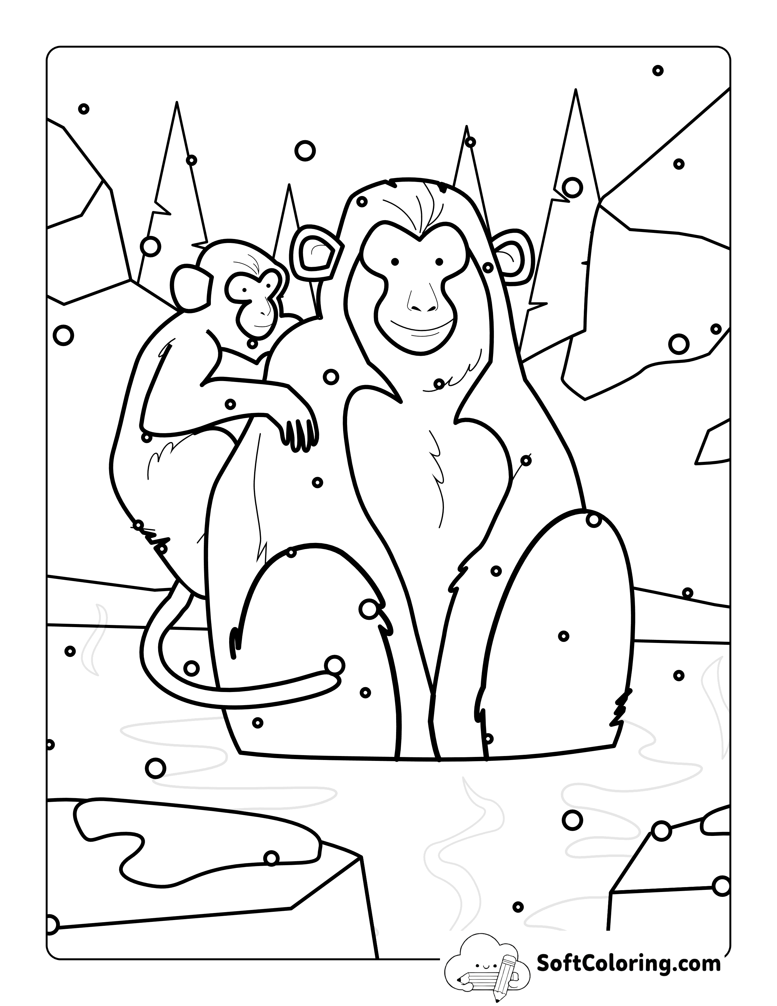 Cute Macaque Monkeys in a Hot Spring Coloring Sheet