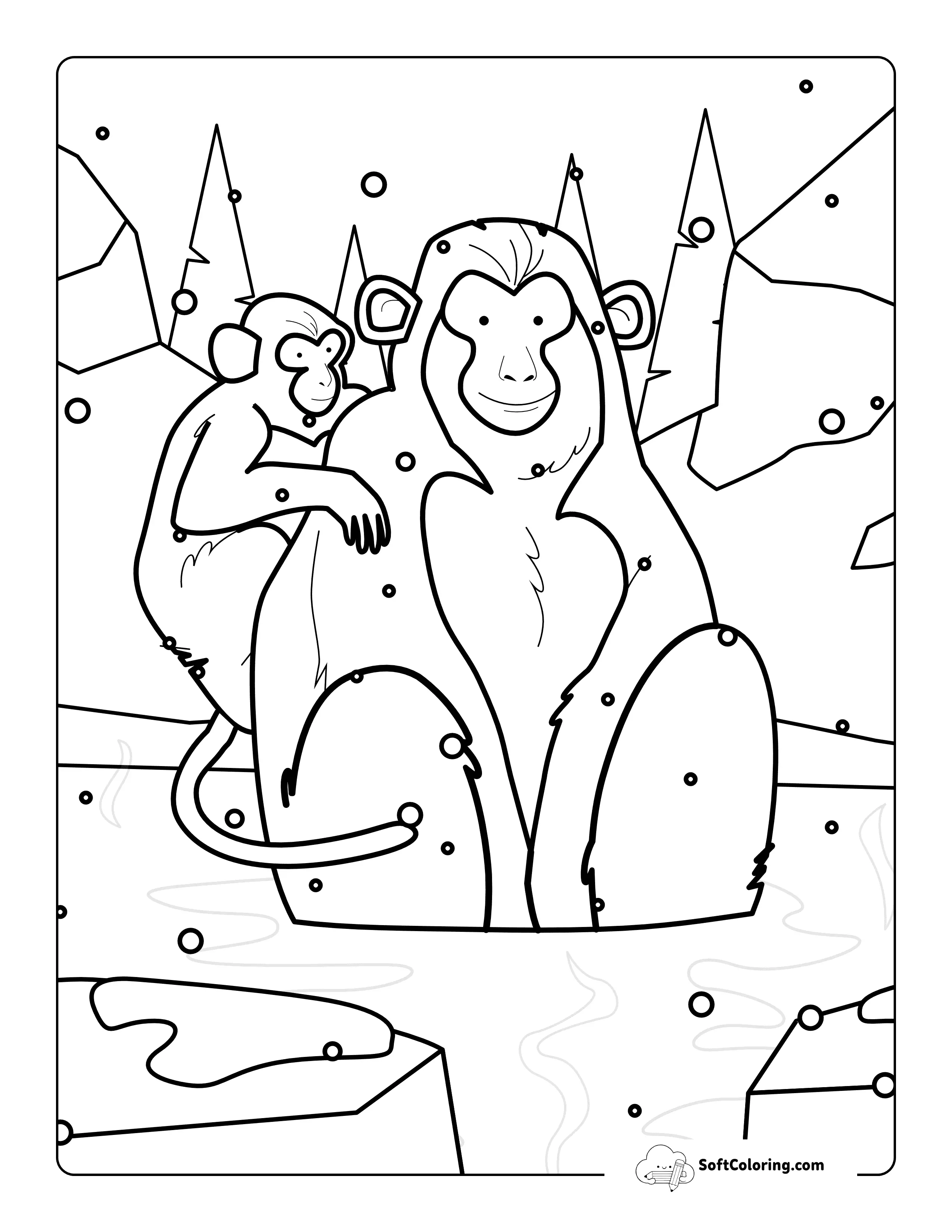 Cute Macaque Monkeys In A Hot Spring Coloring Sheet