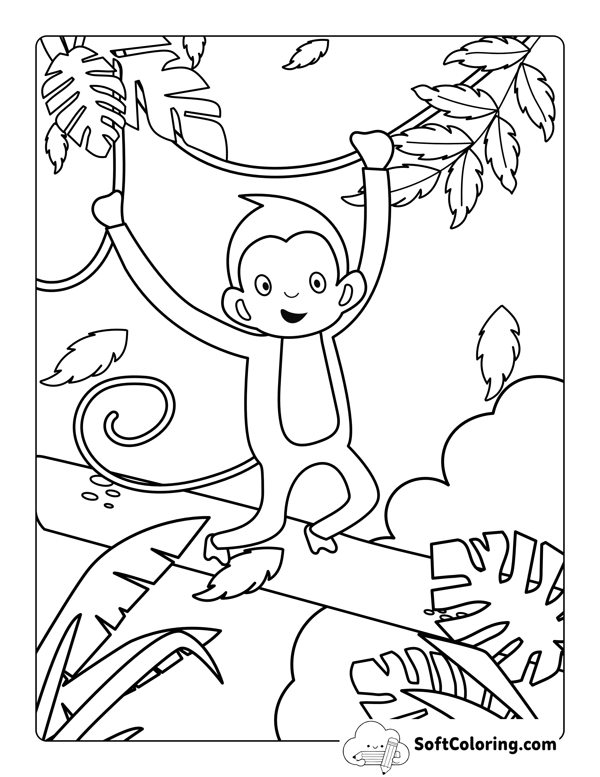 Simple Cute Monkey Swinging on Vines