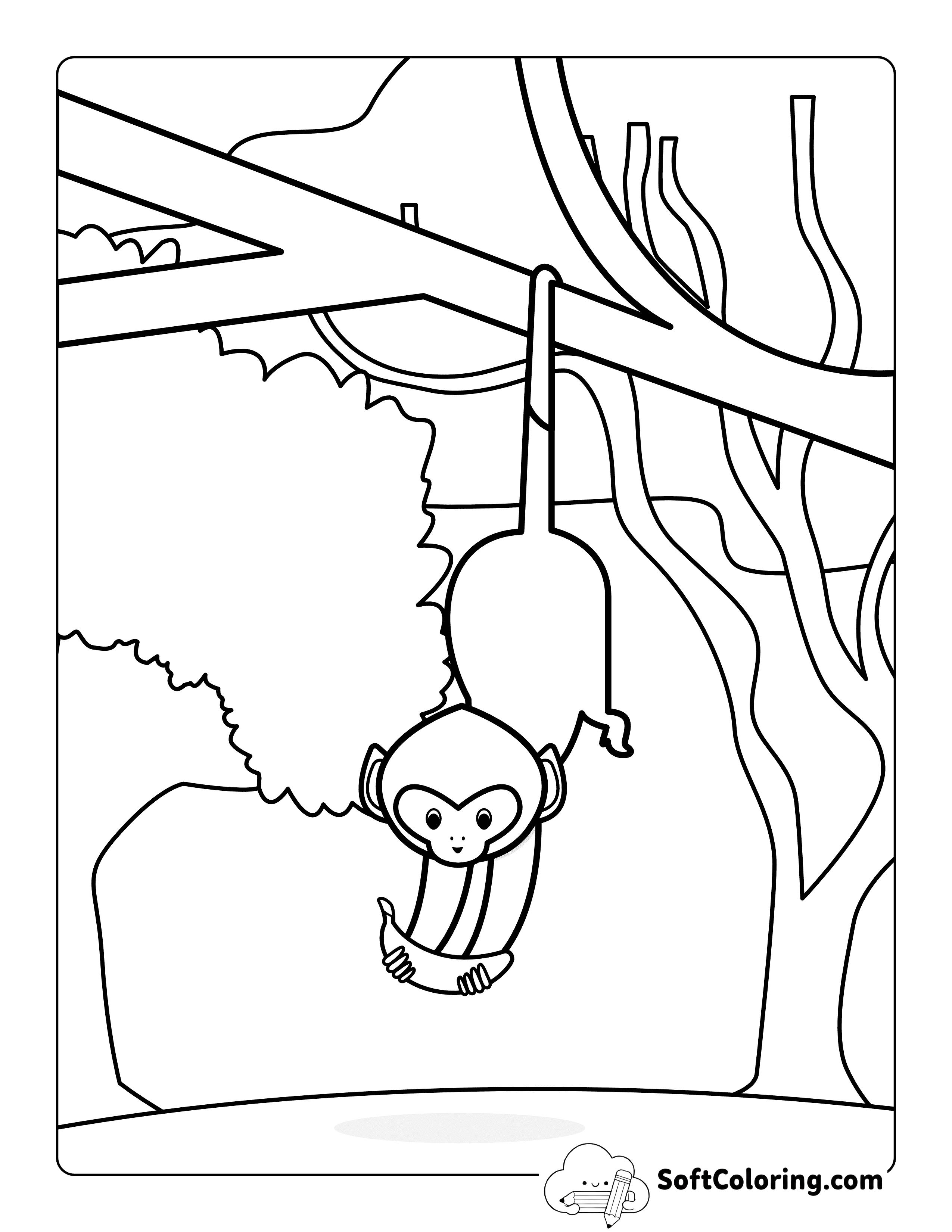 Simple Monkey Hanging from a Tree Branch Printable to Color
