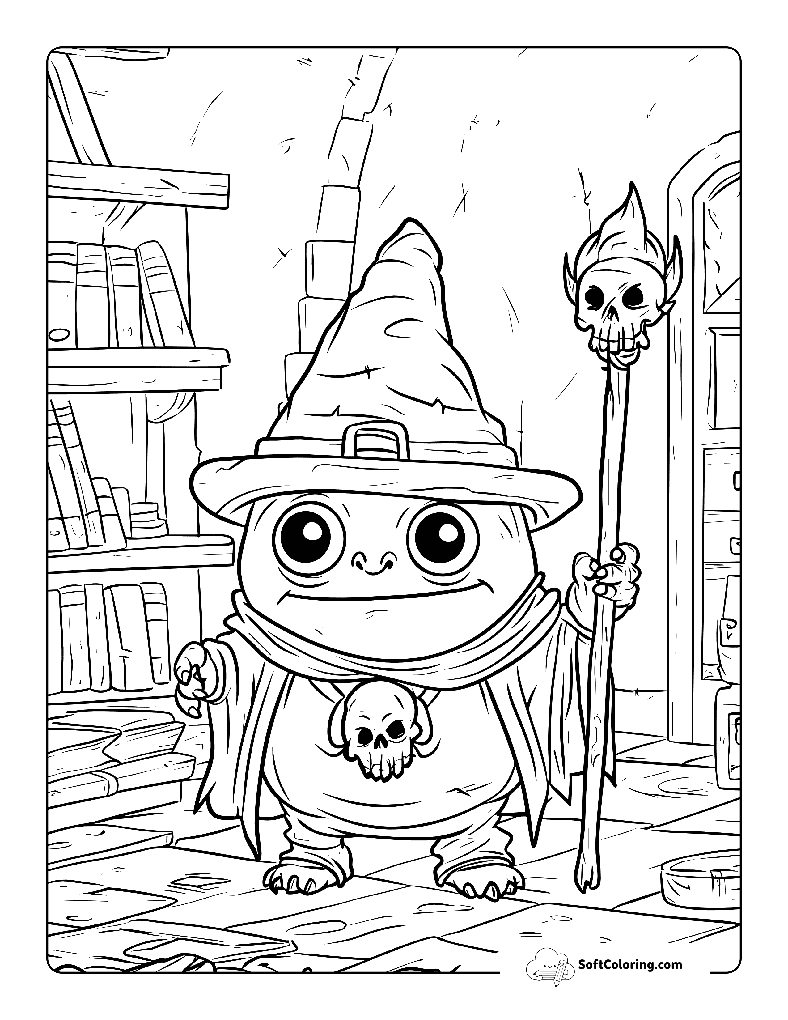 Spooky Wizard Cute Monster Coloring Page