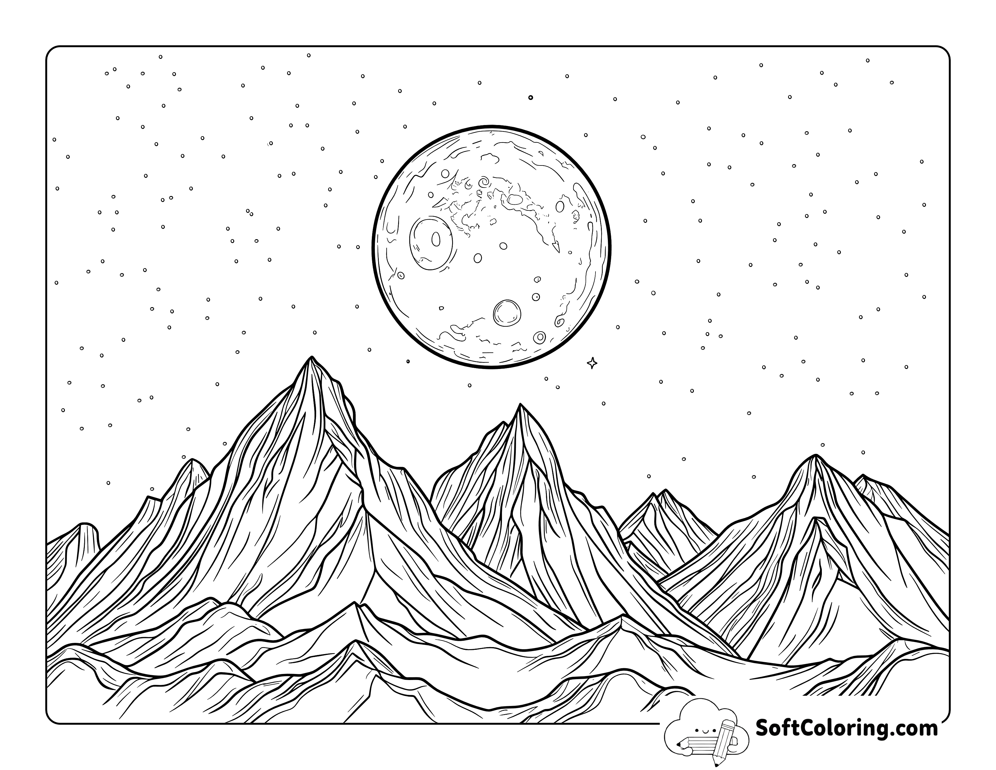 Mountainous Landscape Full Moon Coloring Sheet for Adults