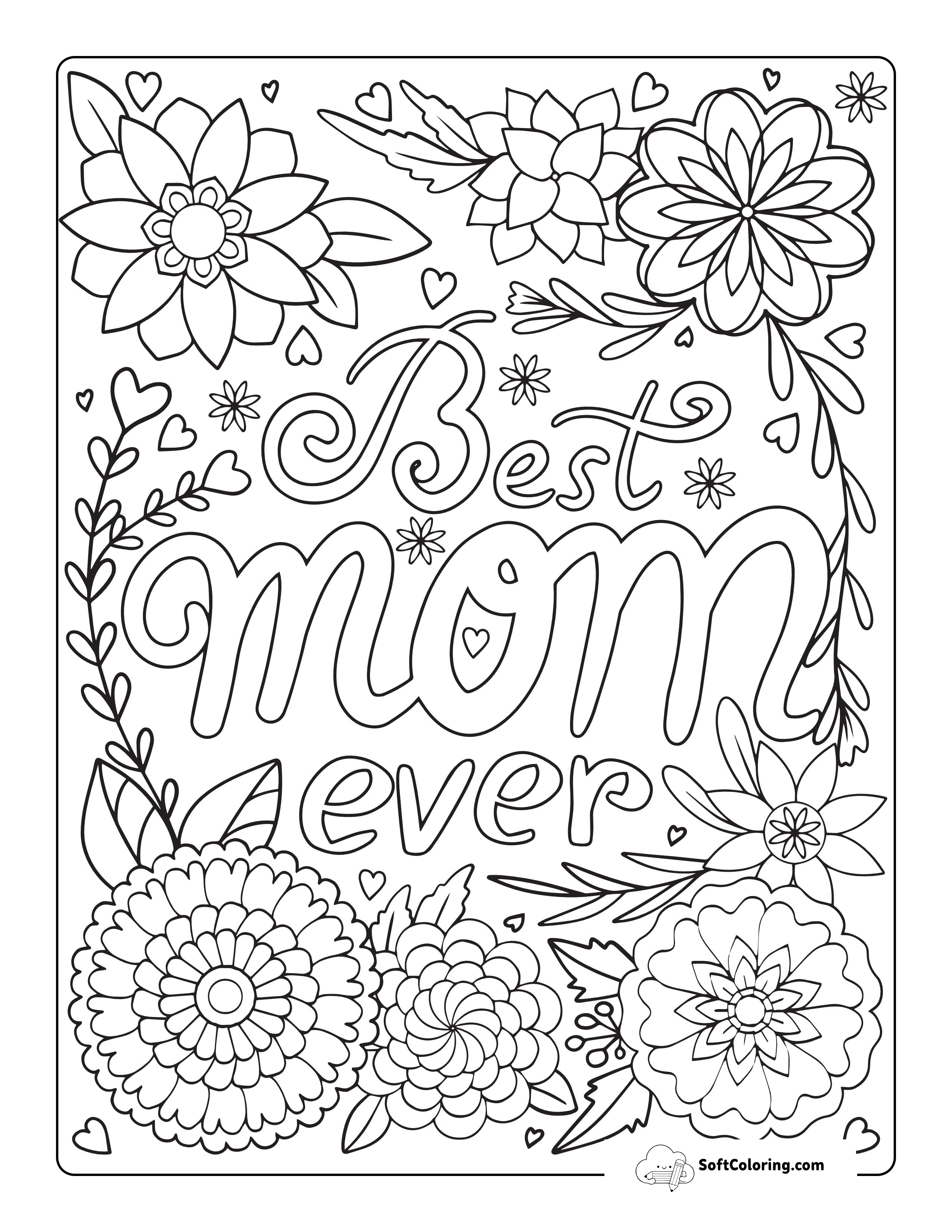 "Best Mom Ever" Flower Doodle To Color
