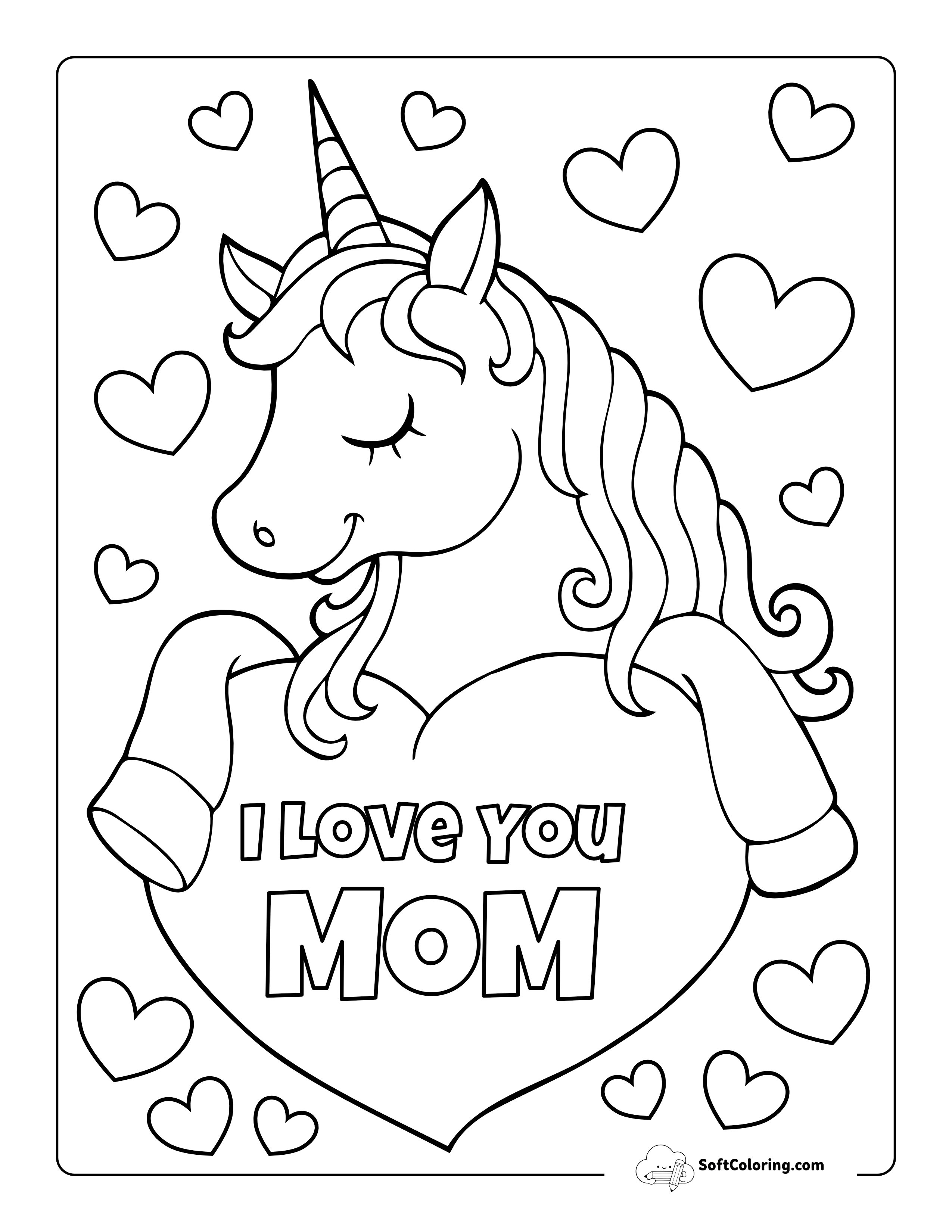 "I Love You Mom" Cute Unicorn With Hearts