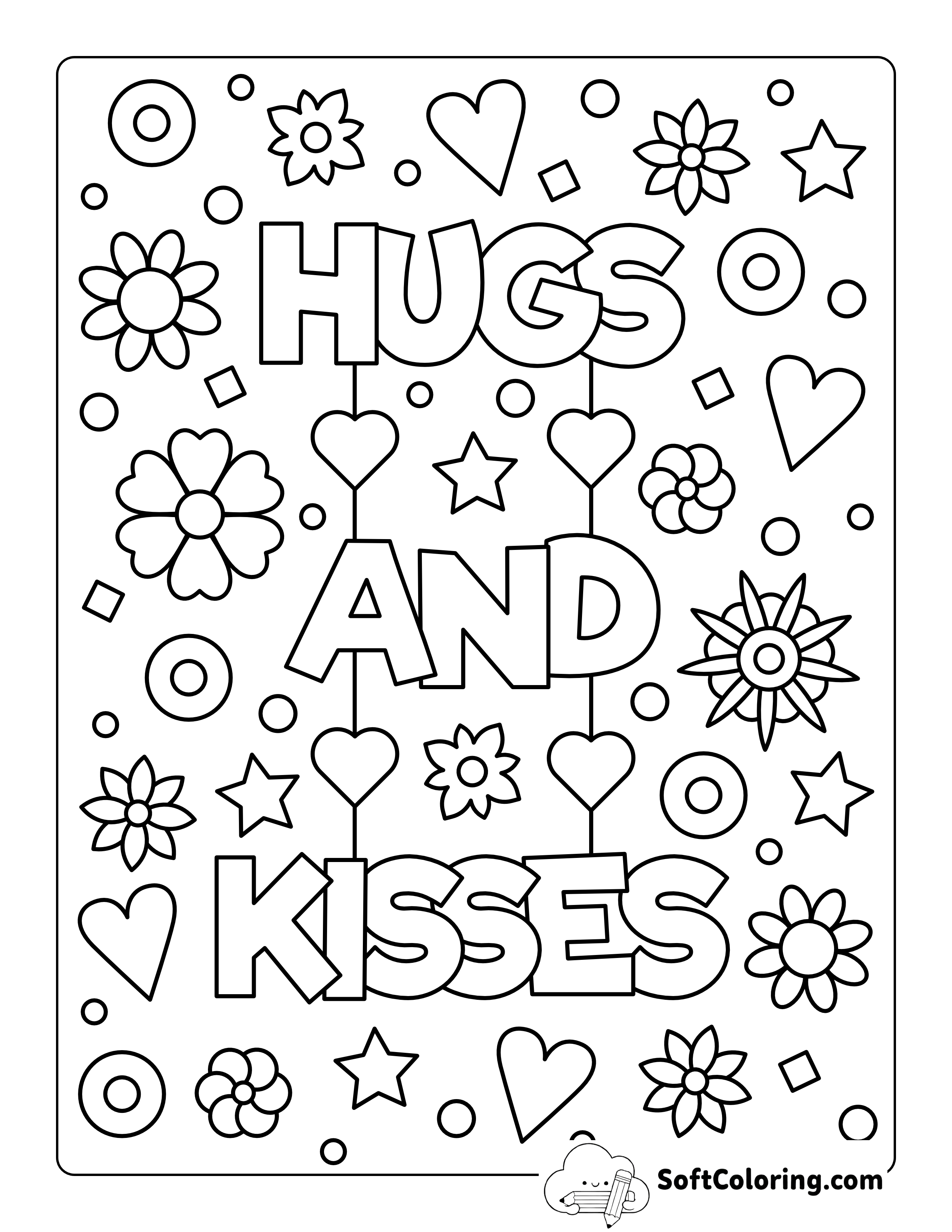 "Hugs and Kisses" Coloring Sheet for Girls