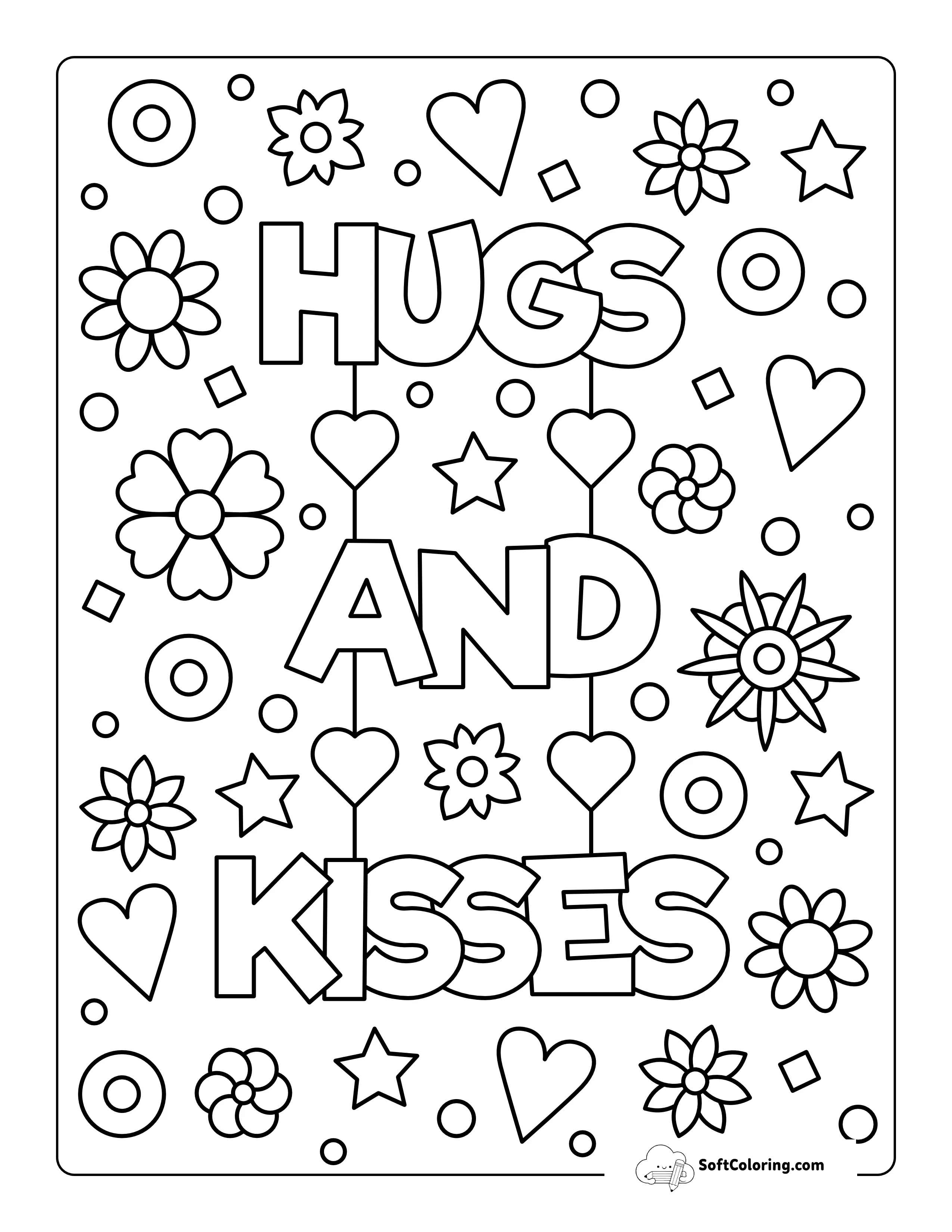 "Hugs And Kisses" Coloring Sheet For Girls