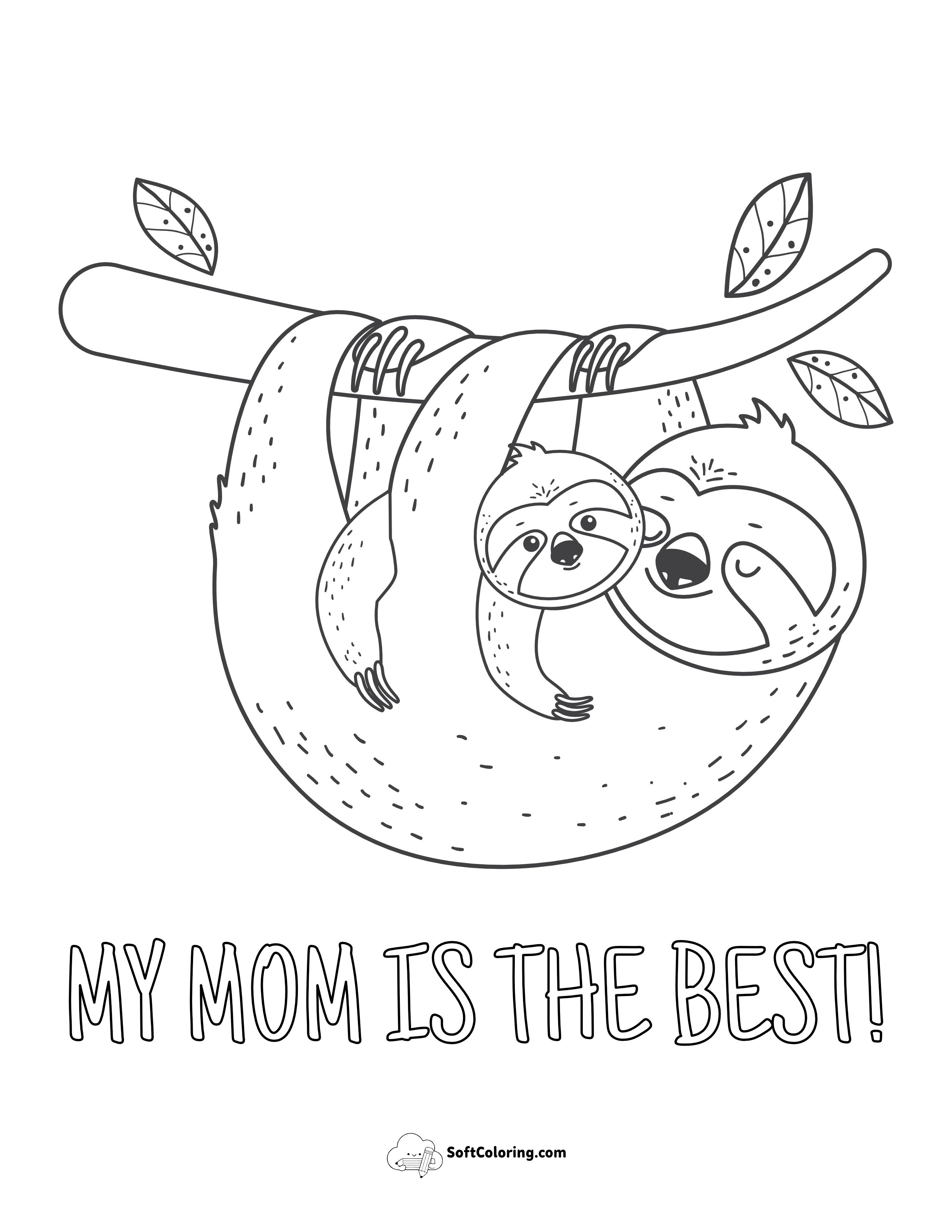 Cute Mother And Baby Sloth Coloring Page