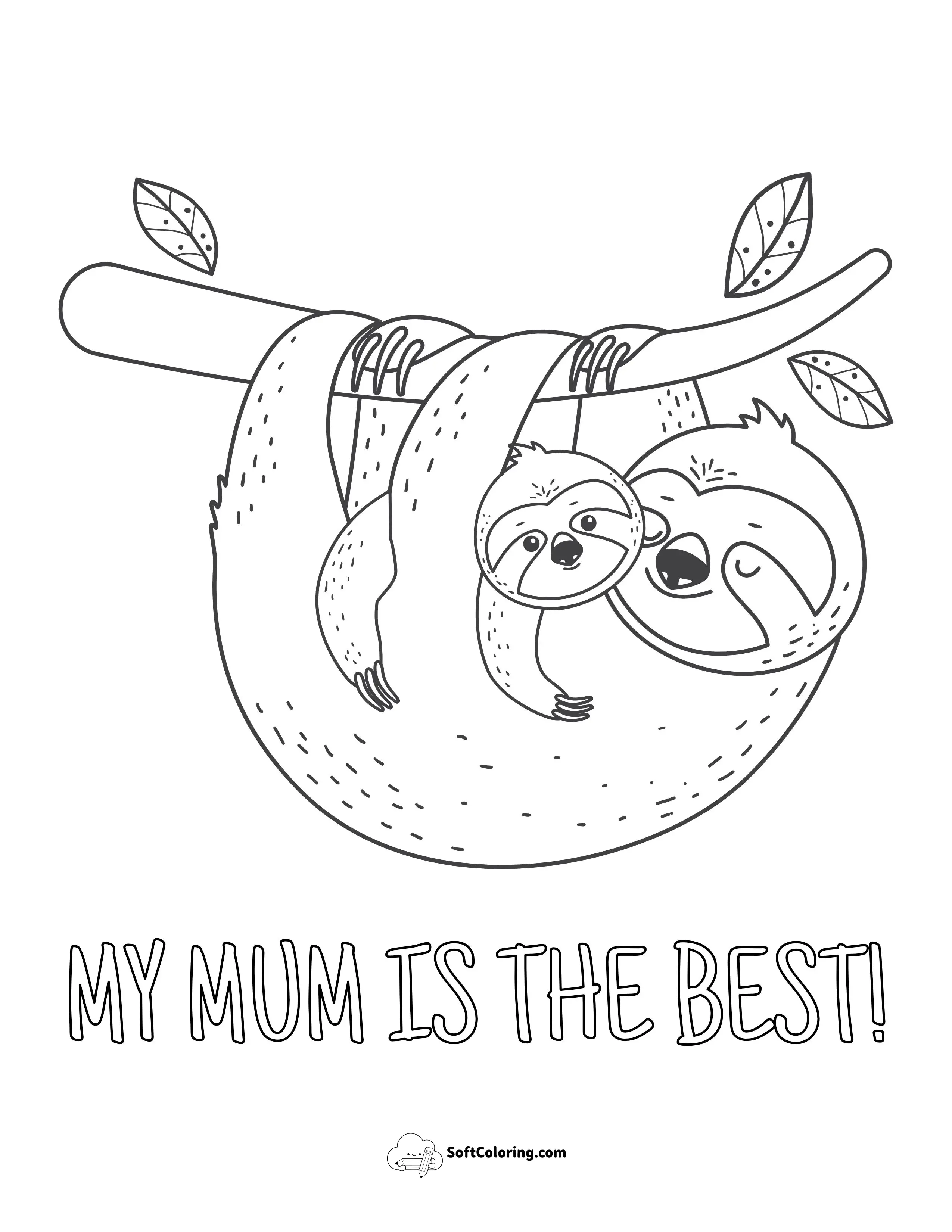 Cute Sloths Mum And Baby Coloring Page