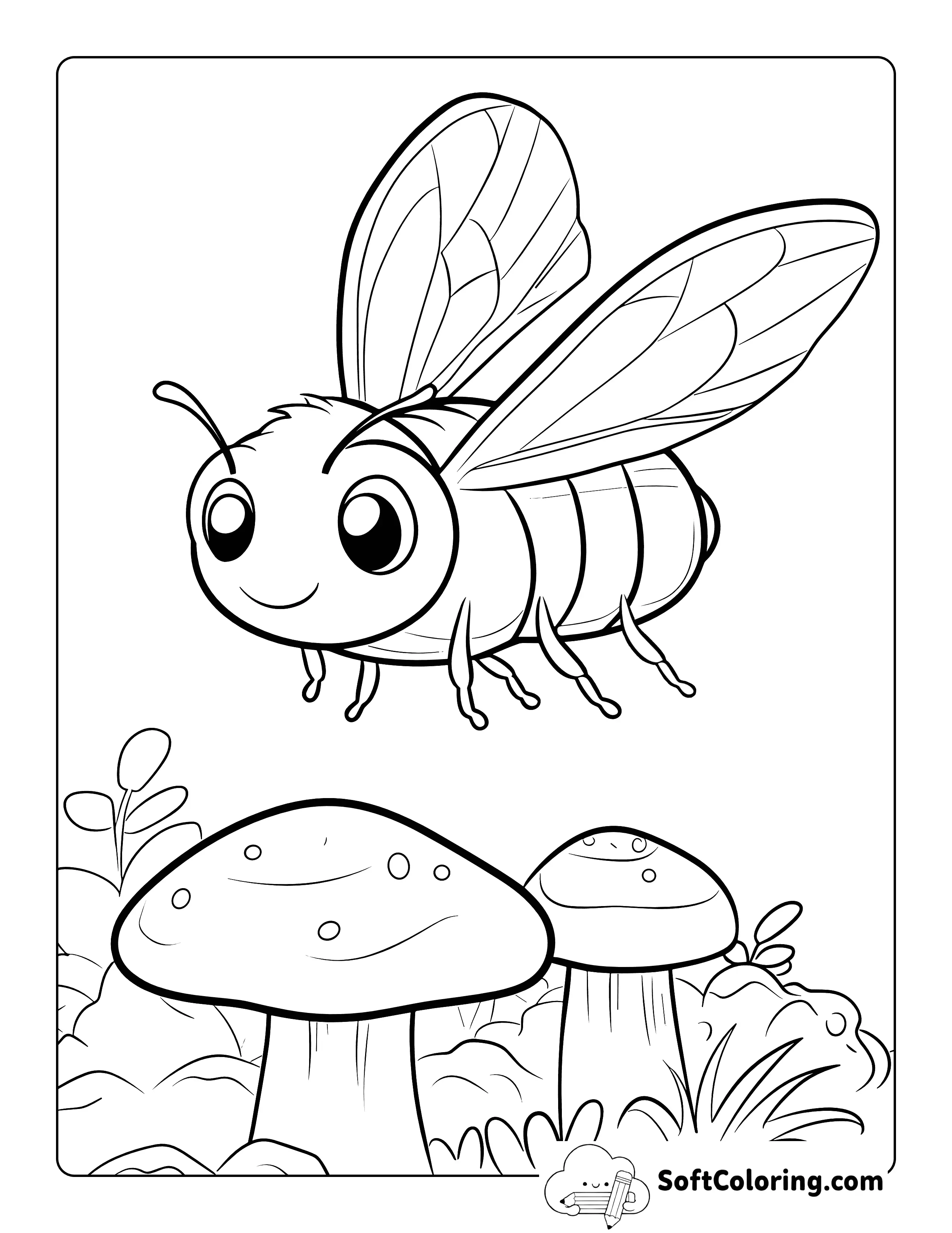 Cute Bee And Mushroom Coloring Page
