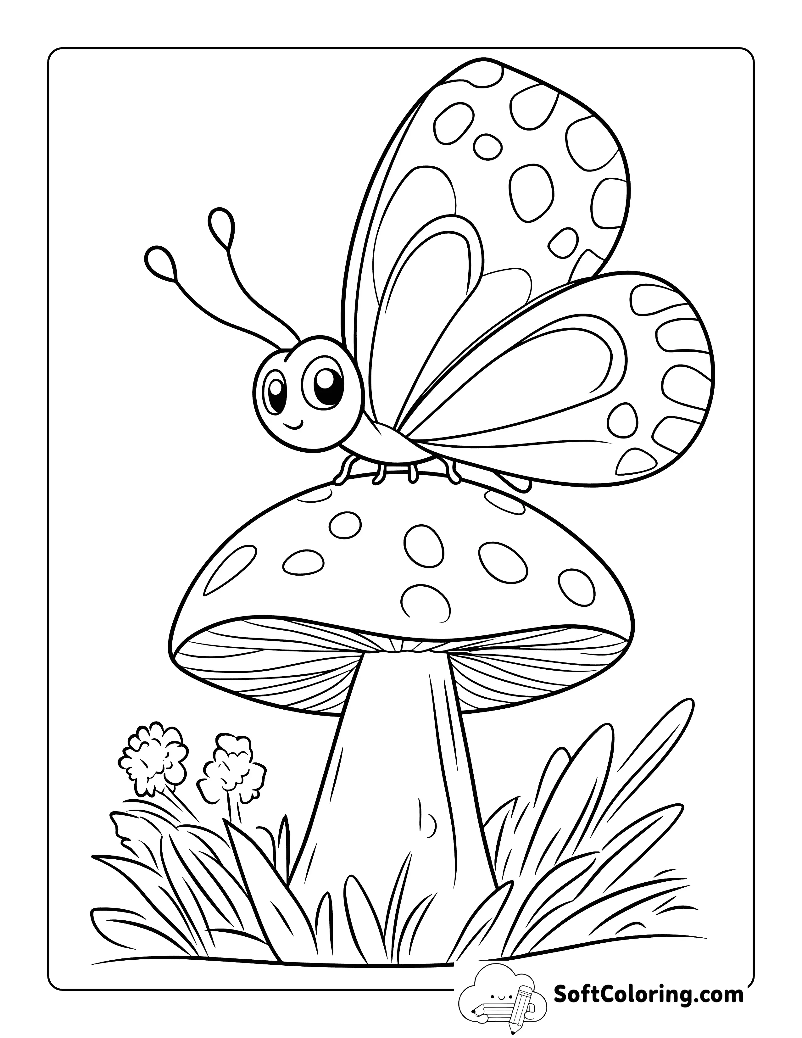 Butterfly On Mushroom Coloring Page For Kids