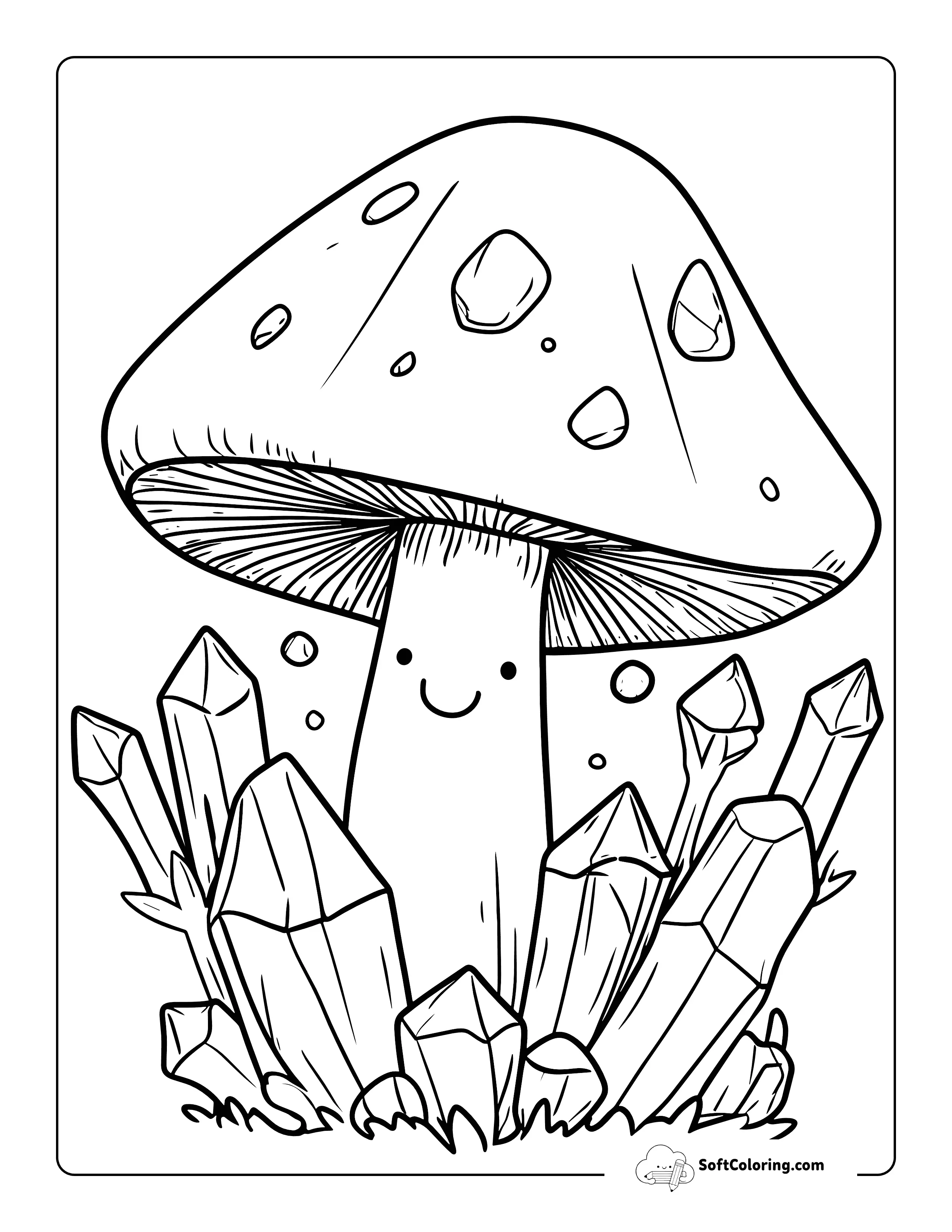 Gemstones And Cute Mushroom Coloring Page For Teens And Adults