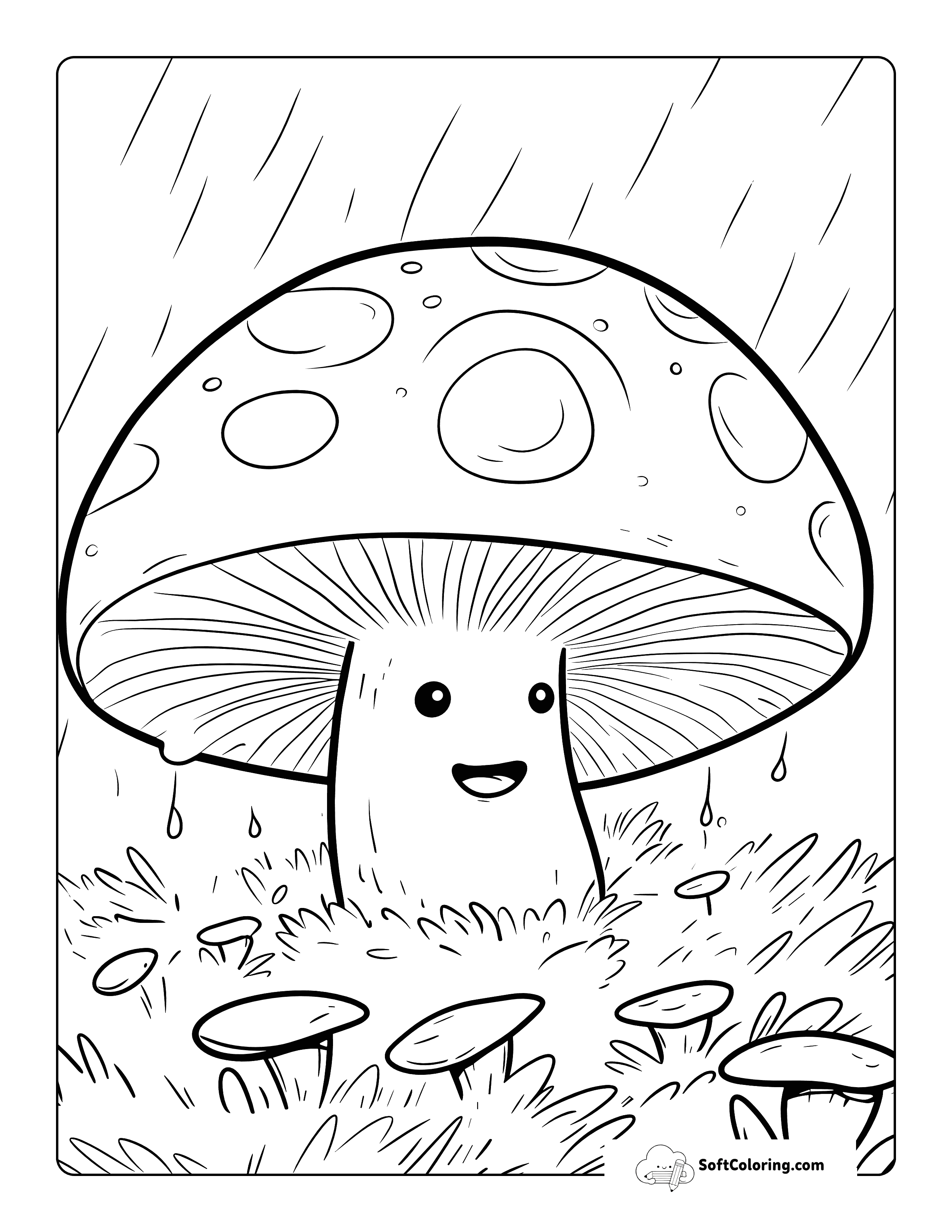Rainy Day Cute Mushroom Coloring Sheet