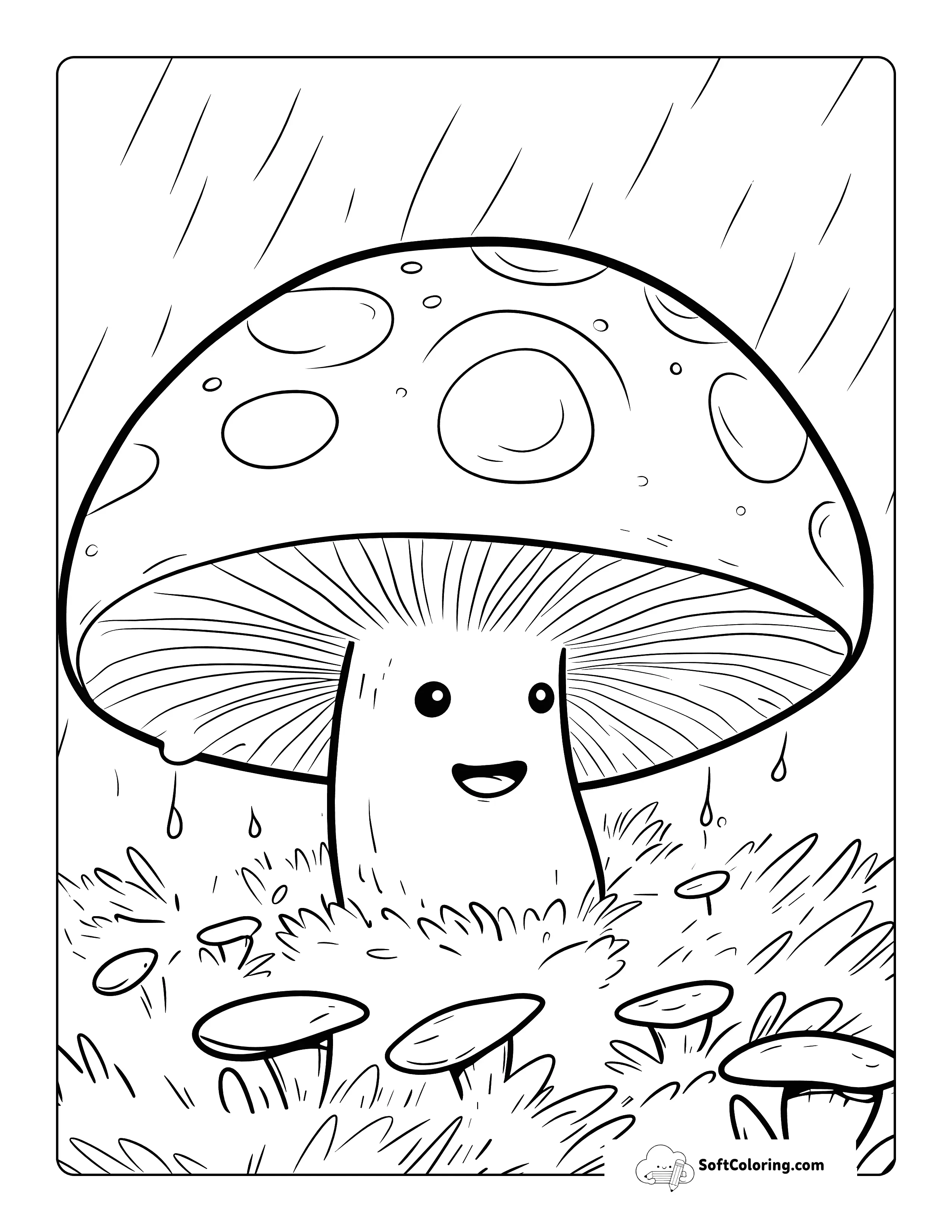 Rainy Day Cute Mushroom Coloring Sheet