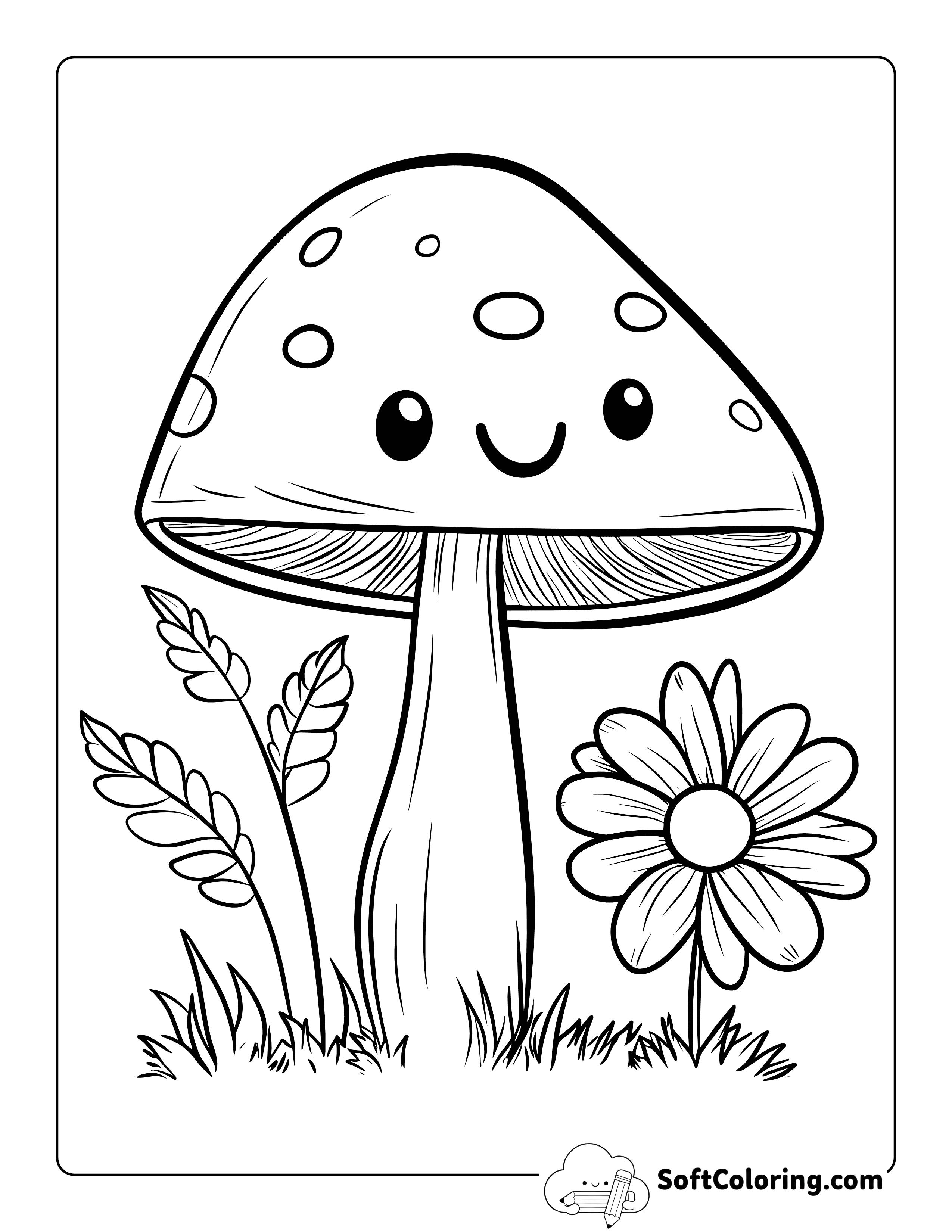 Mushroom and Cute Flower Coloring Page