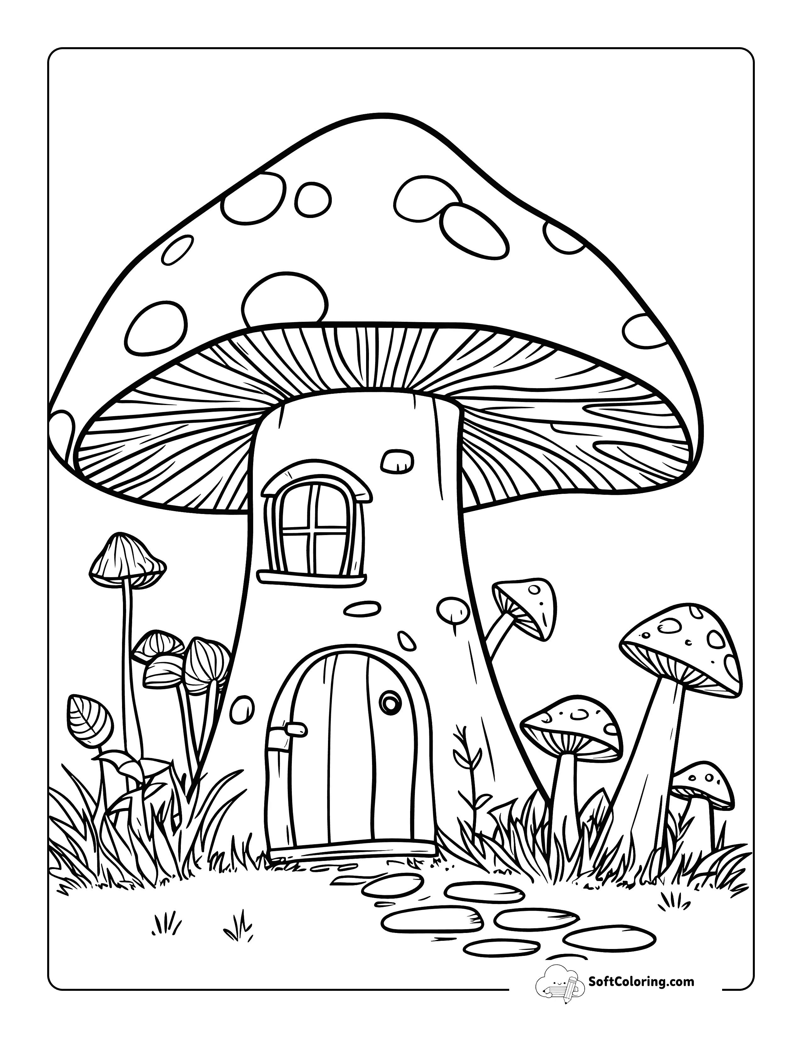 Aesthetic Mushroom Cottage Coloring Page Printable