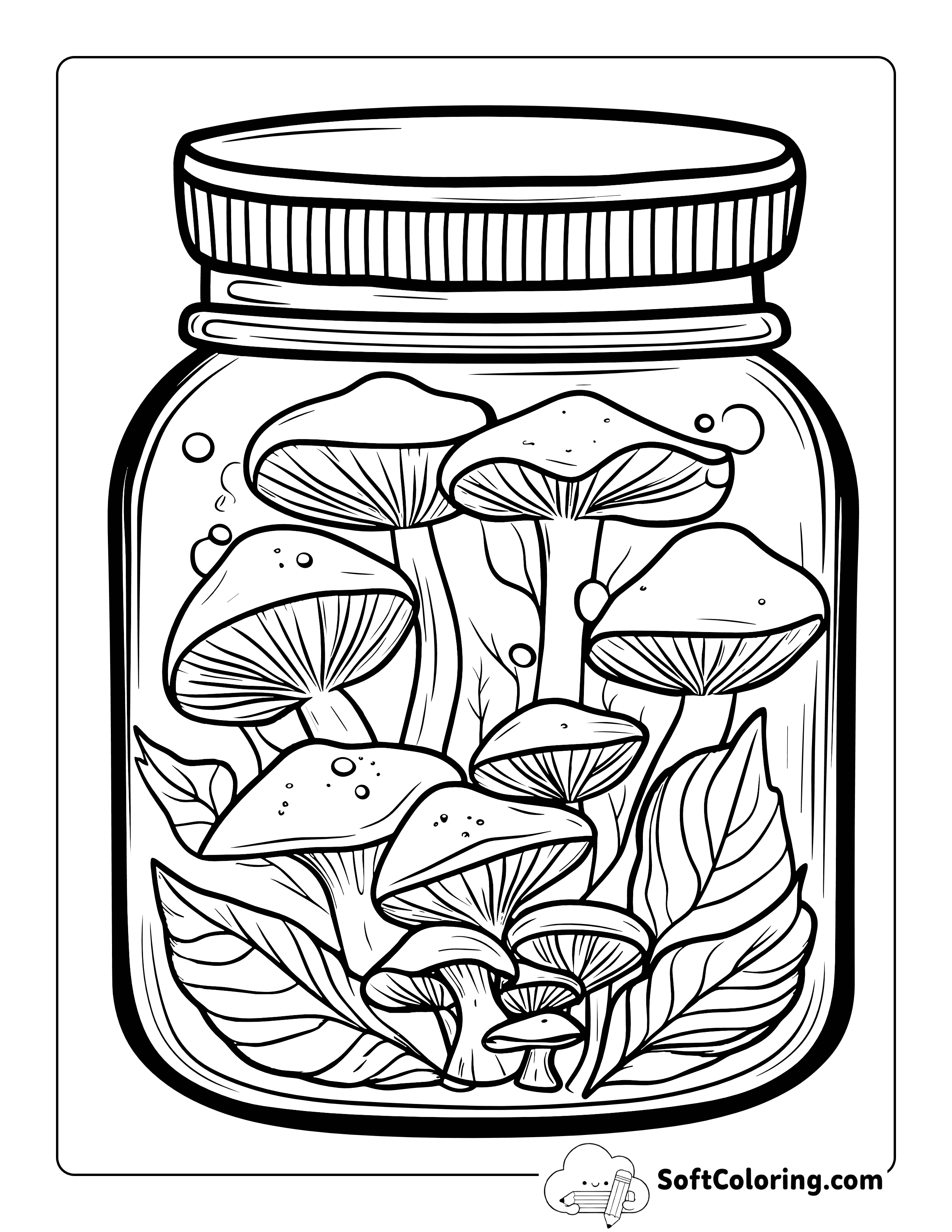 Aesthetic Mushrooms in a Jar Printable Coloring Page