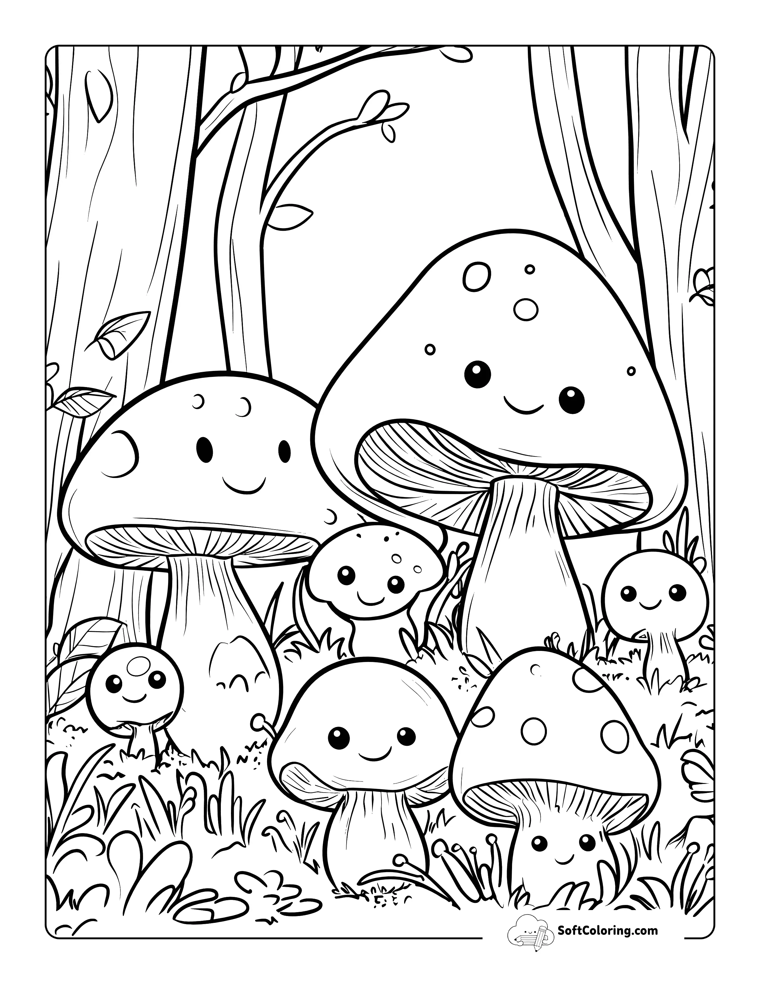 Kawaii Mushroom Family Coloring Page For Kids