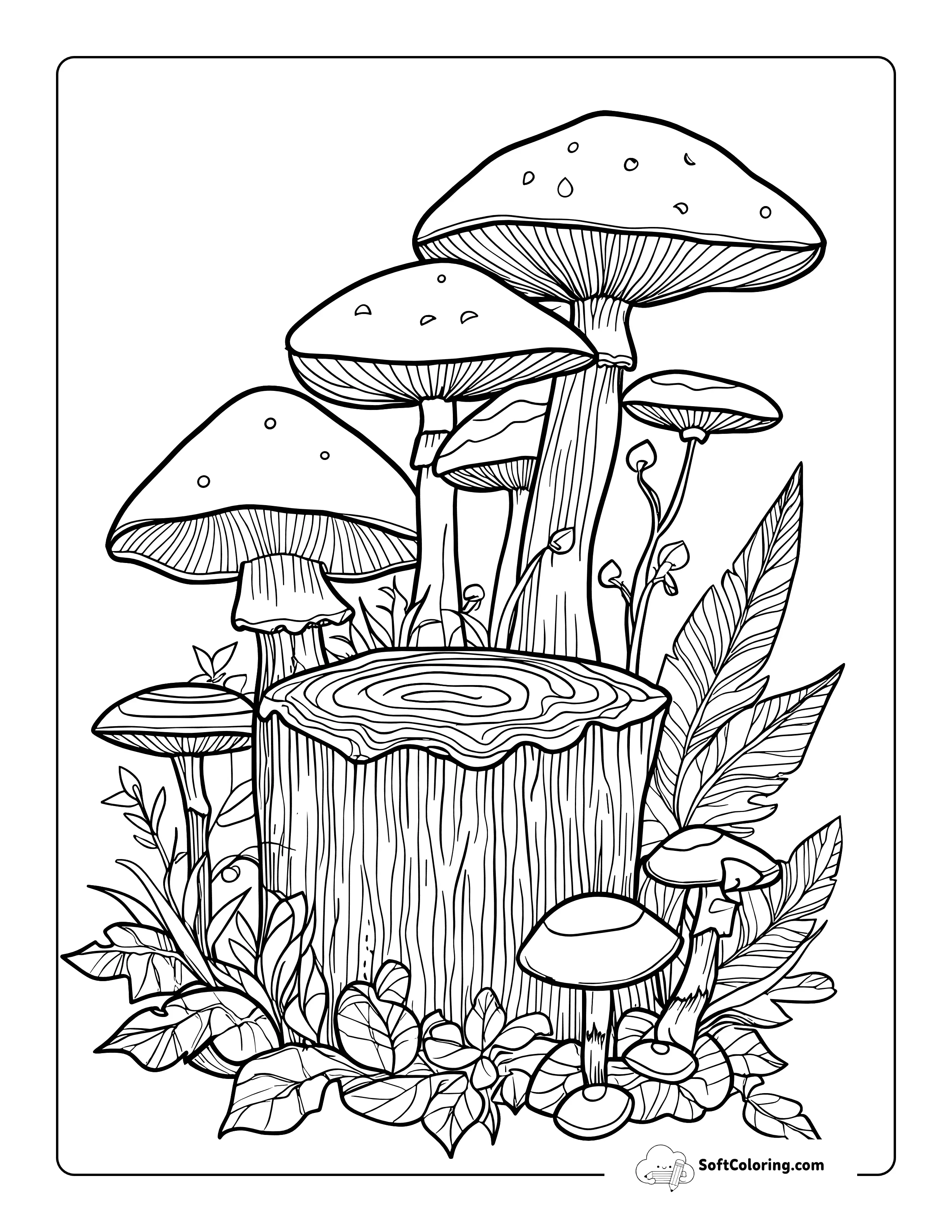 Whimsical Stump Aesthetic Mushroom Coloring Page For Adults