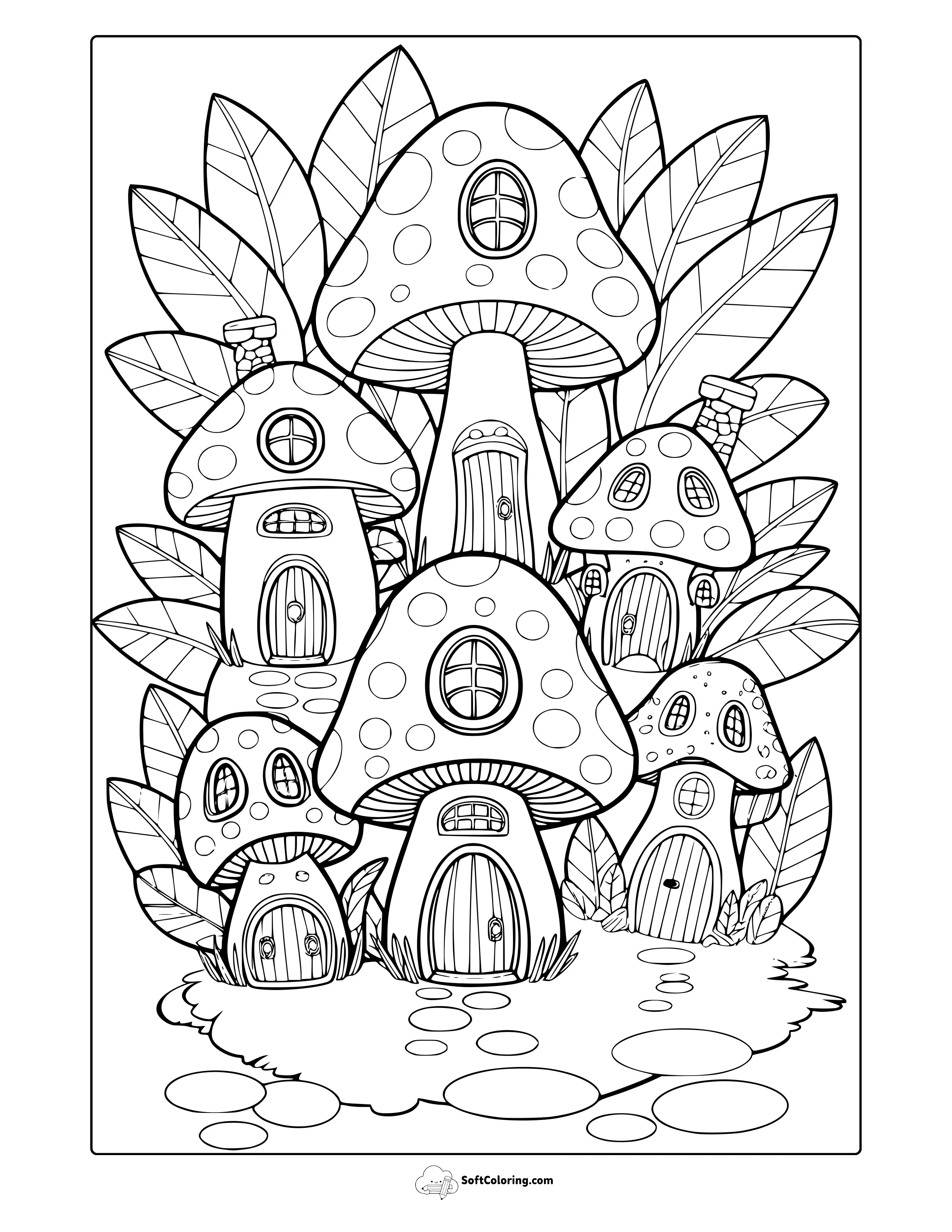 Mushroom Village Coloring Page