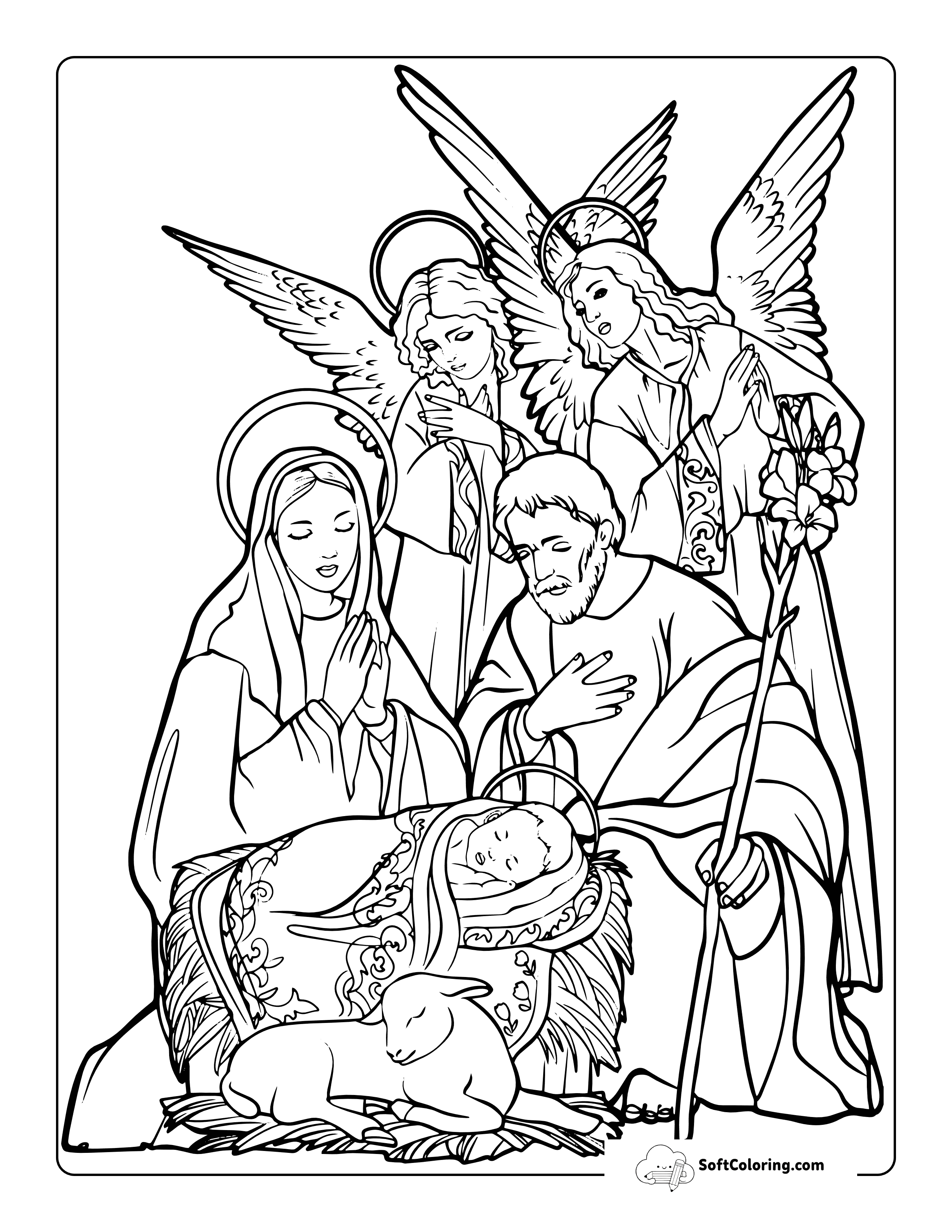 Realistic Angels And Nativity Scene Coloring Page For Adults