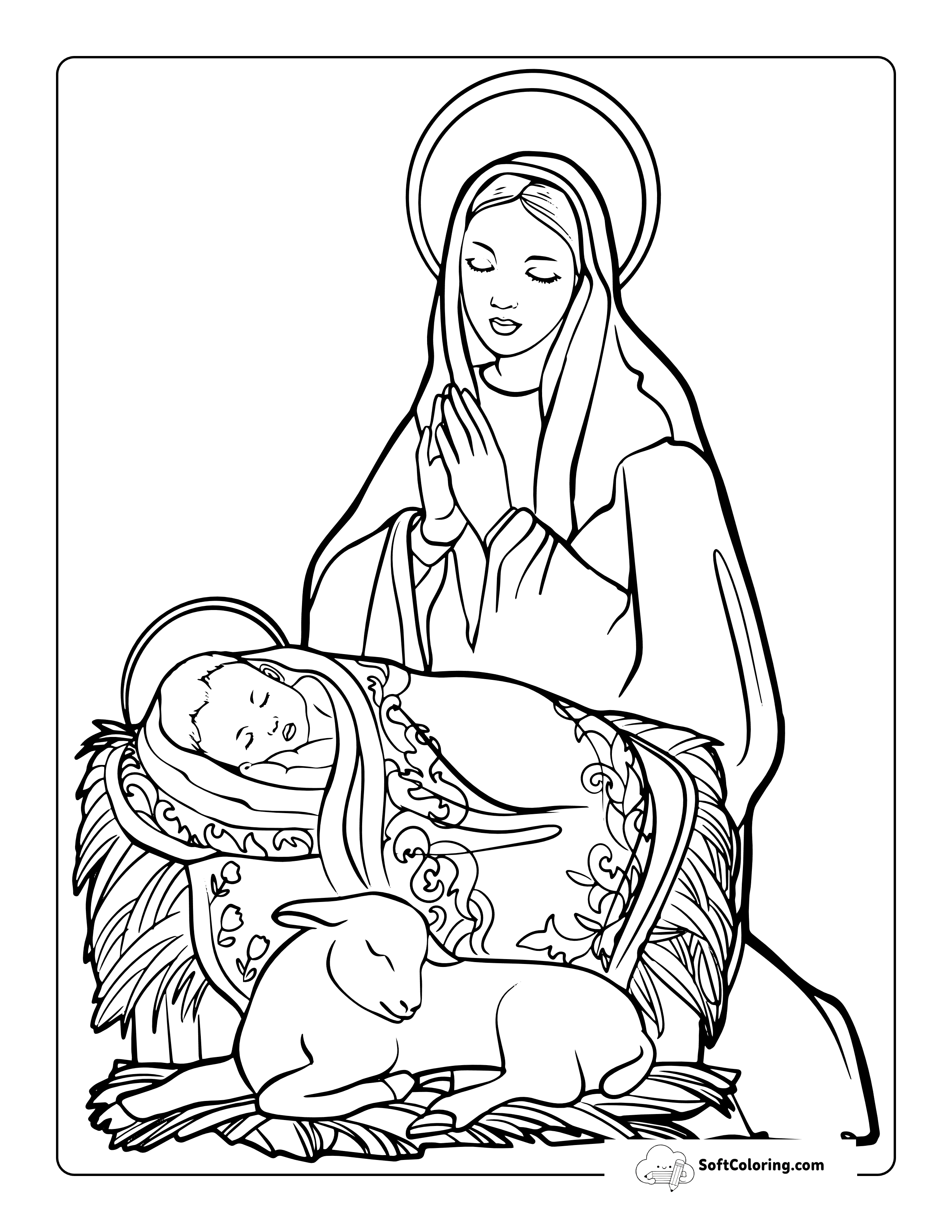 Realistic Mary And Baby Jesus In The Manger Coloring Page