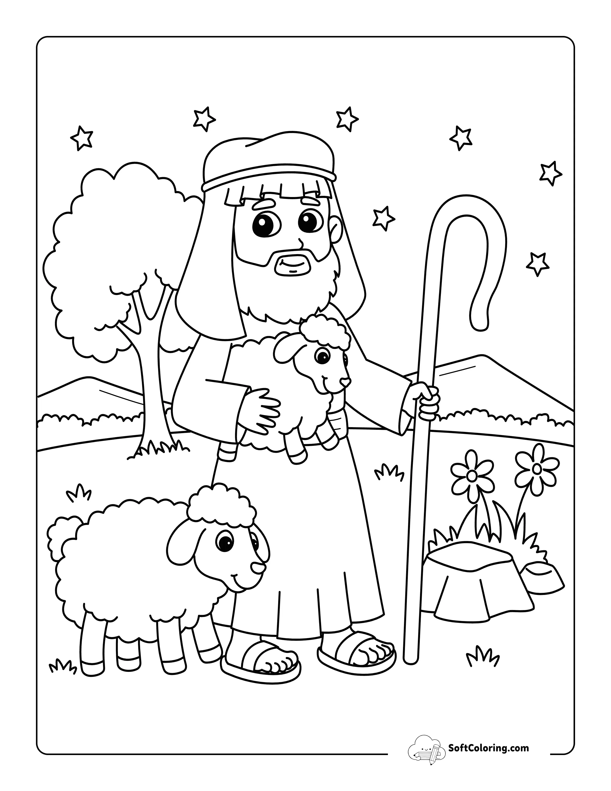 Simple Joseph Shepherd With Sheep Nativity Coloring Page