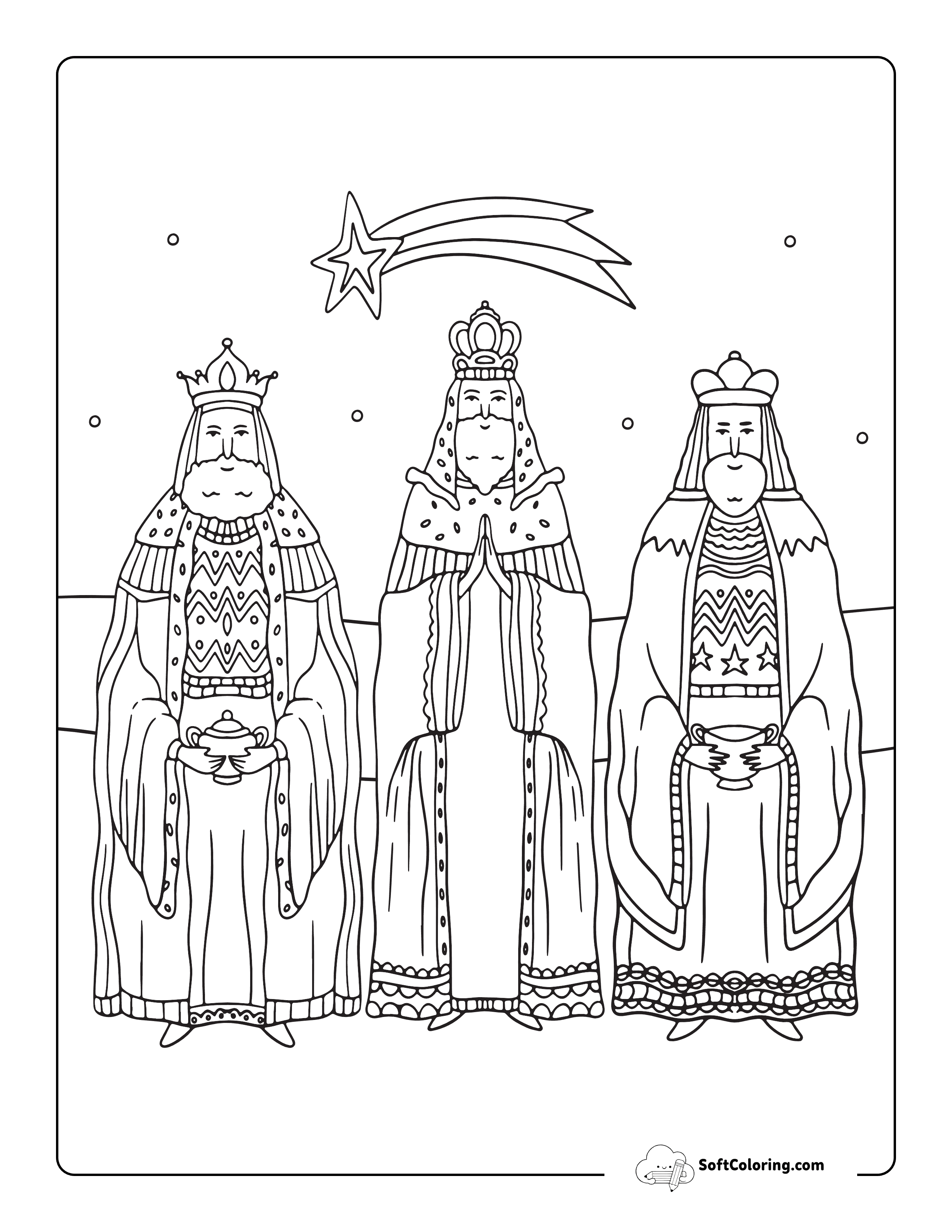 Patterned Three Wise Men With Star Coloring Page