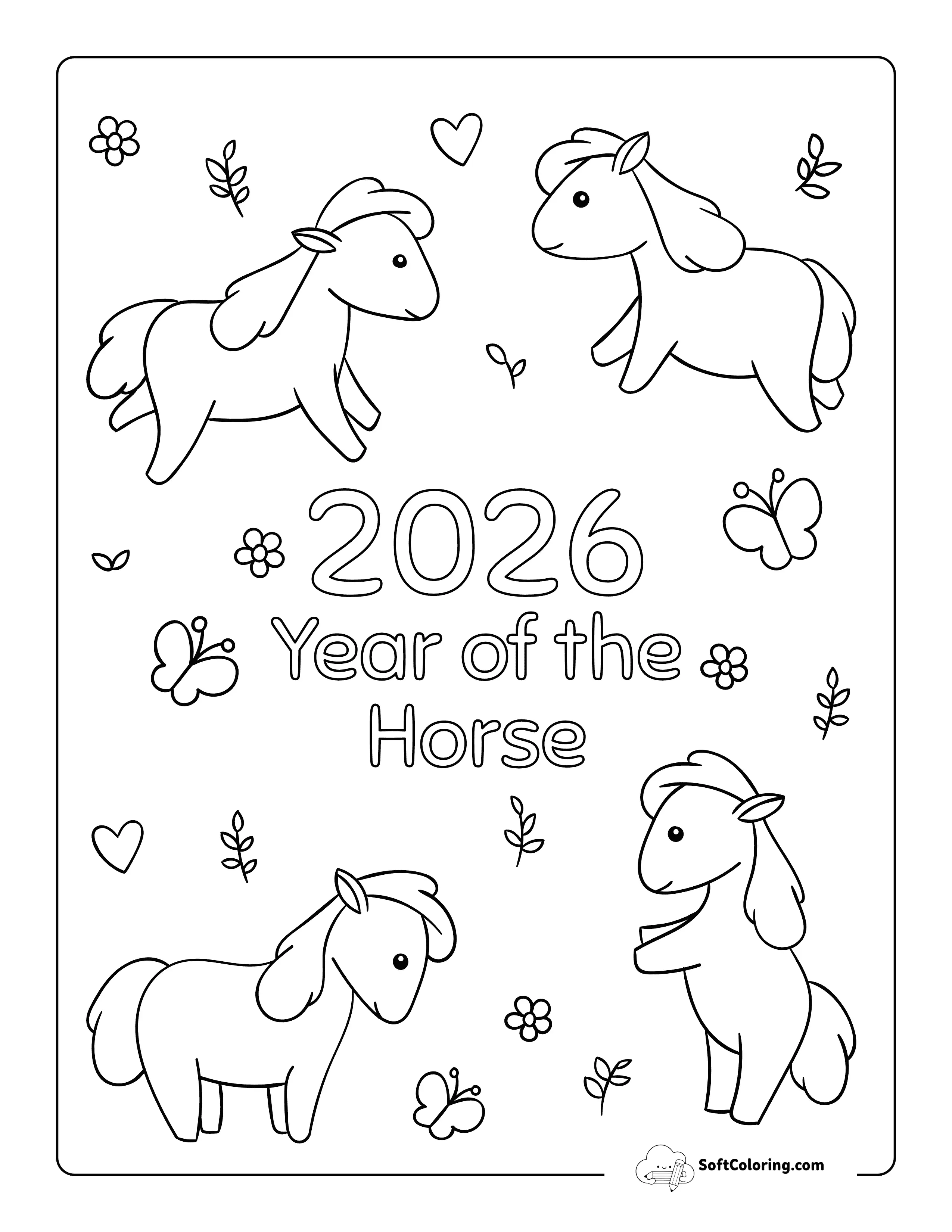 Kawaii Horses Lunar New Year Coloring Page