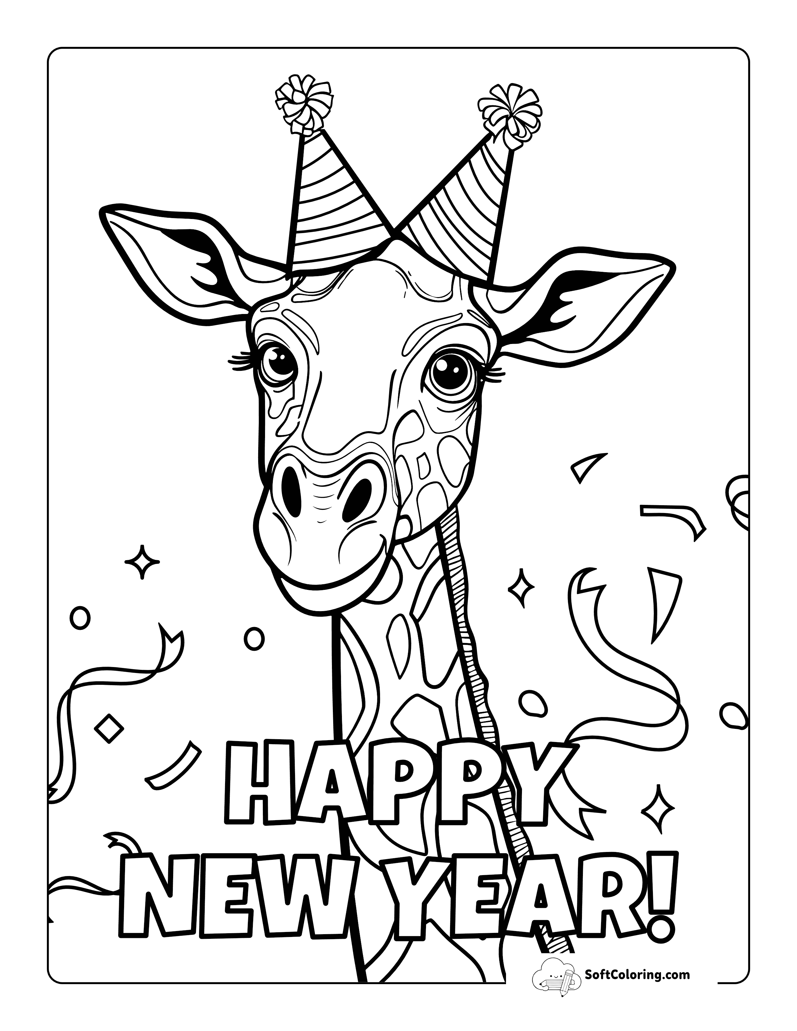 Party Giraffe Happy New Year Coloring Page