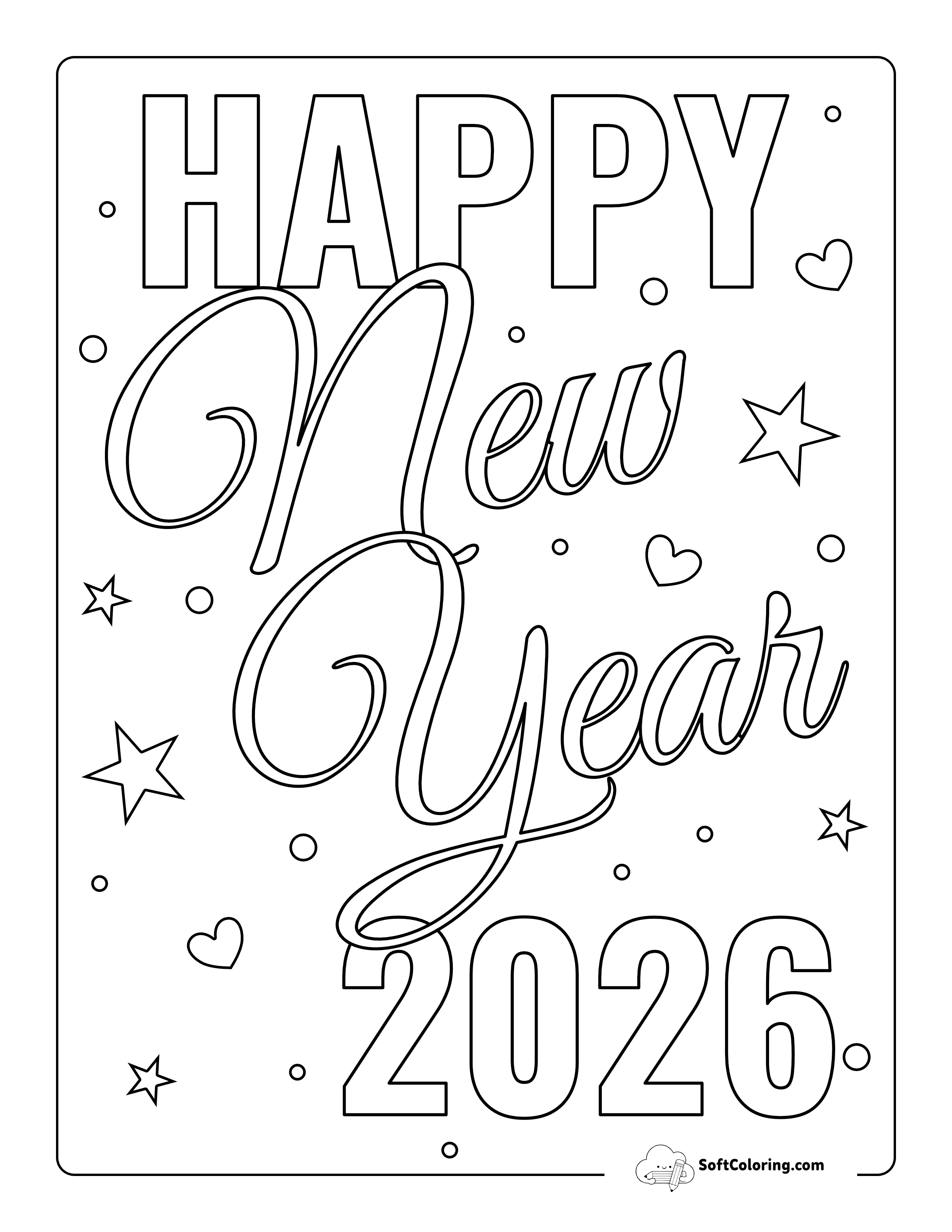 Elegant Happy New Year 2026 Coloring Page