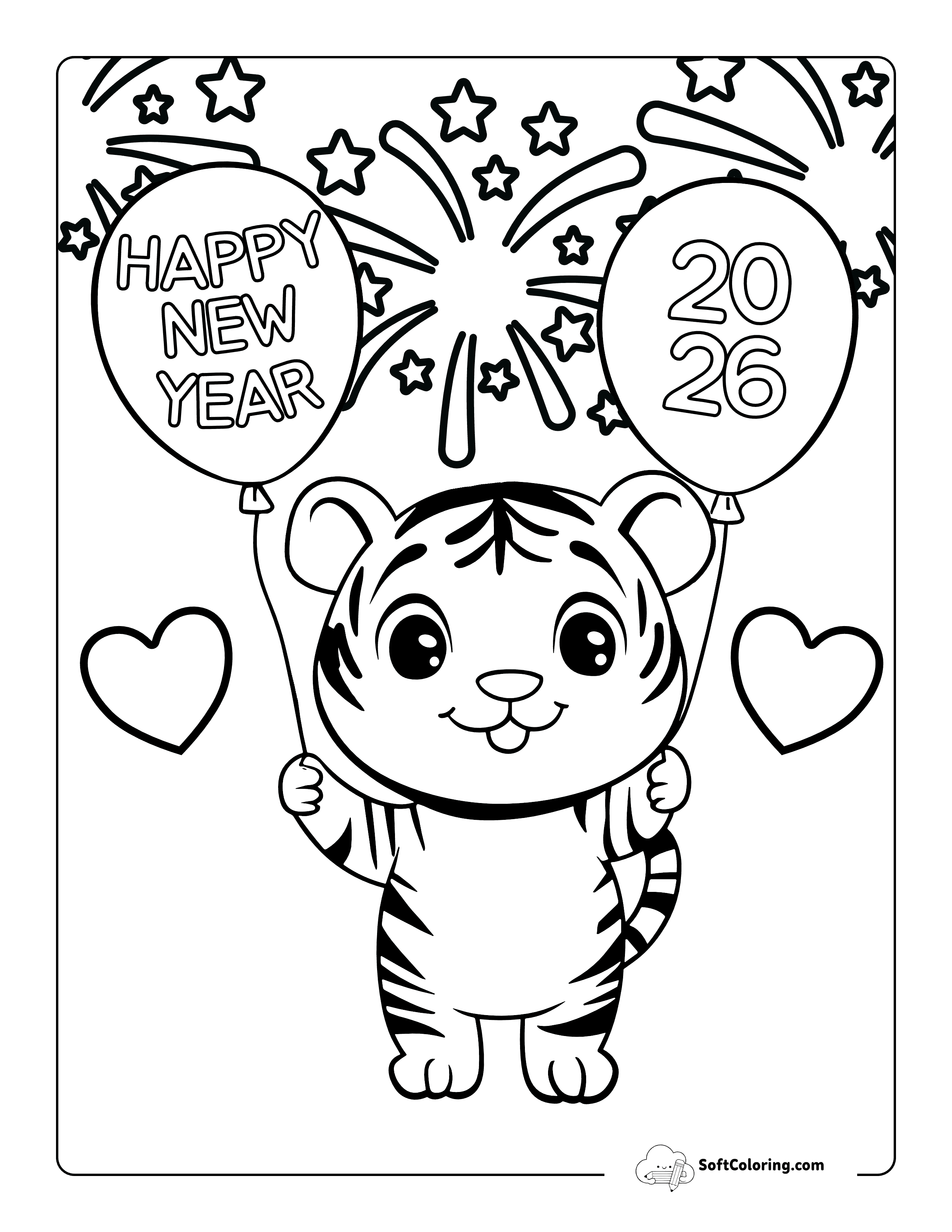 Cute Tiger Happy New Year Fireworks Coloring Sheet