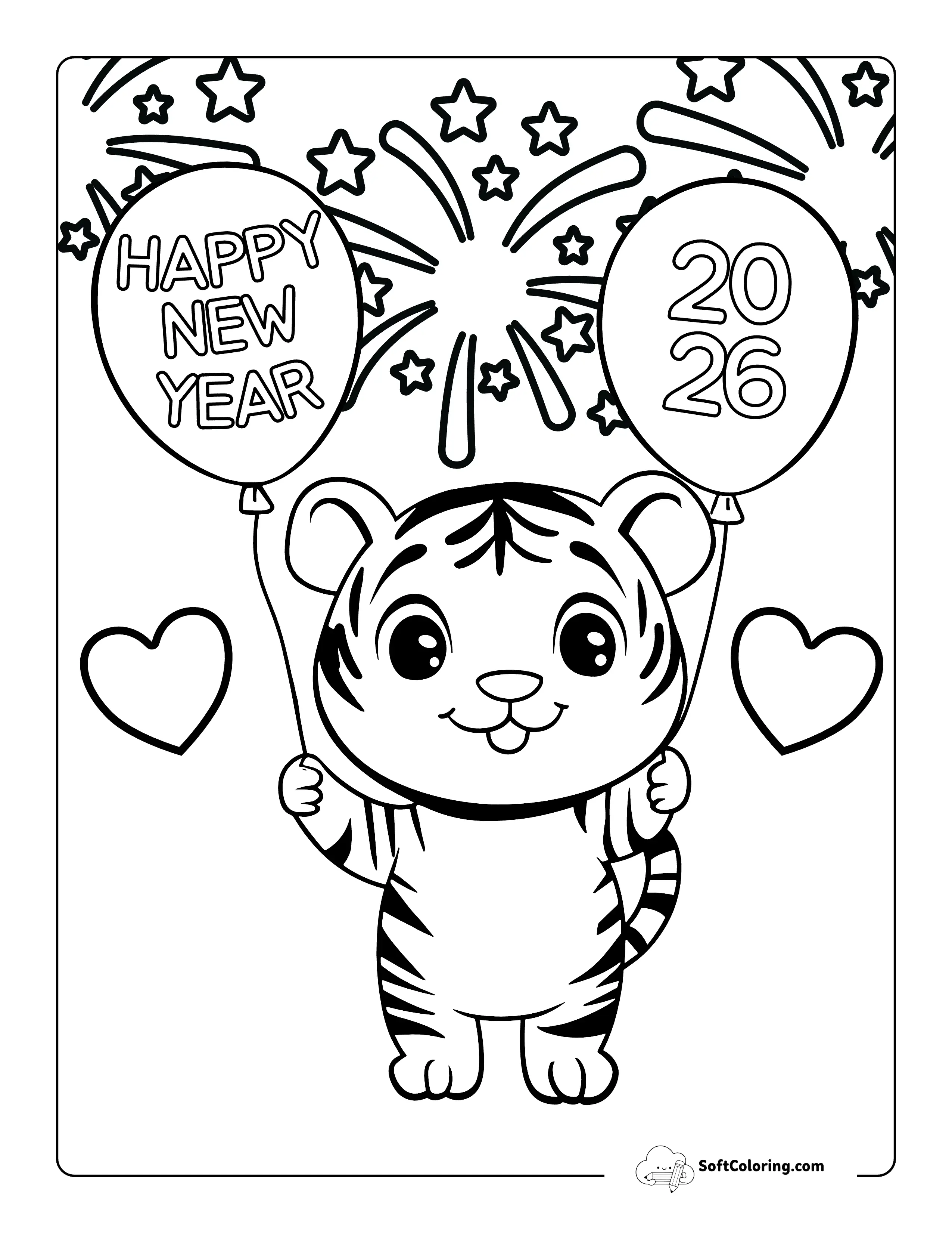 Cute Tiger Happy New Year Fireworks Coloring Sheet