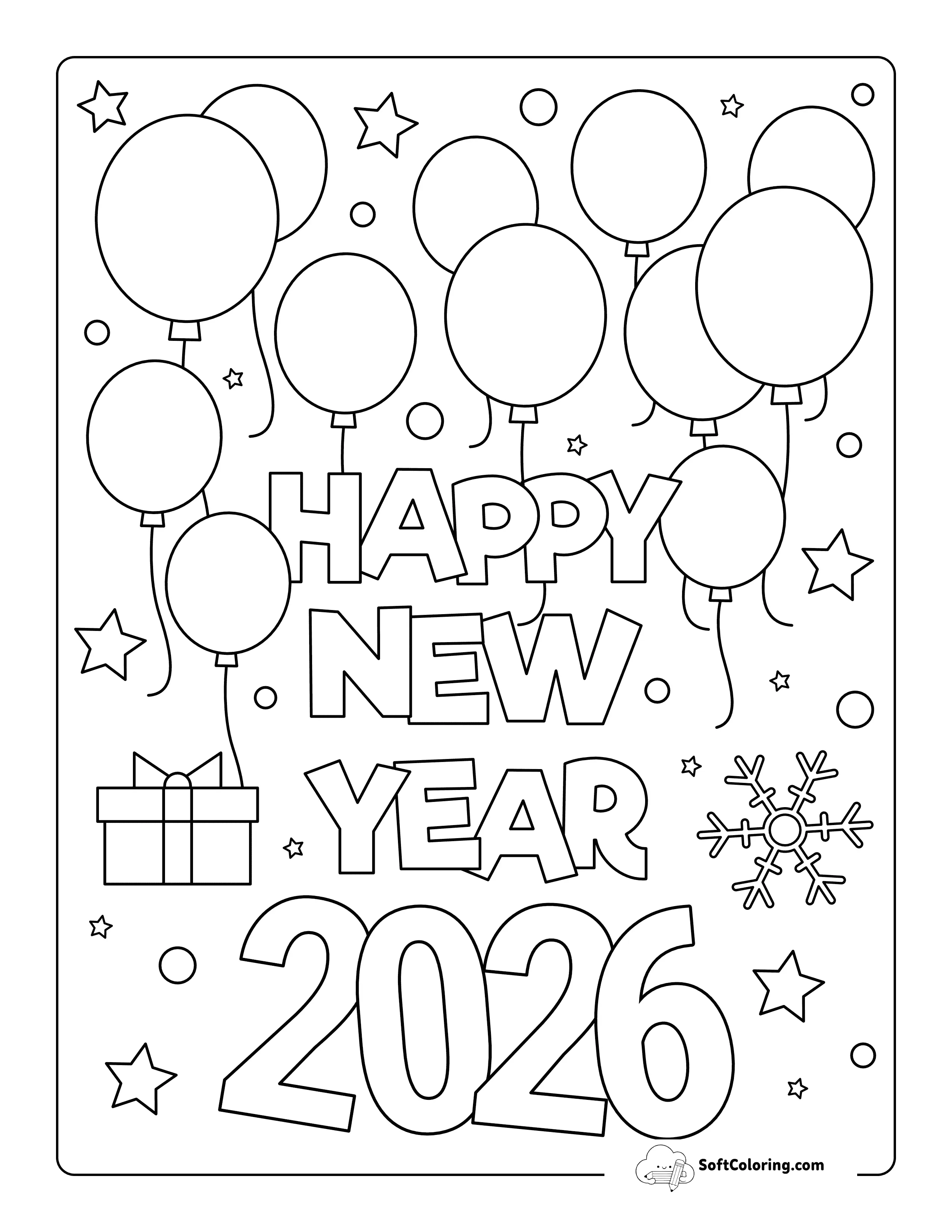 Happy New Year Balloons Coloring Page For 2026