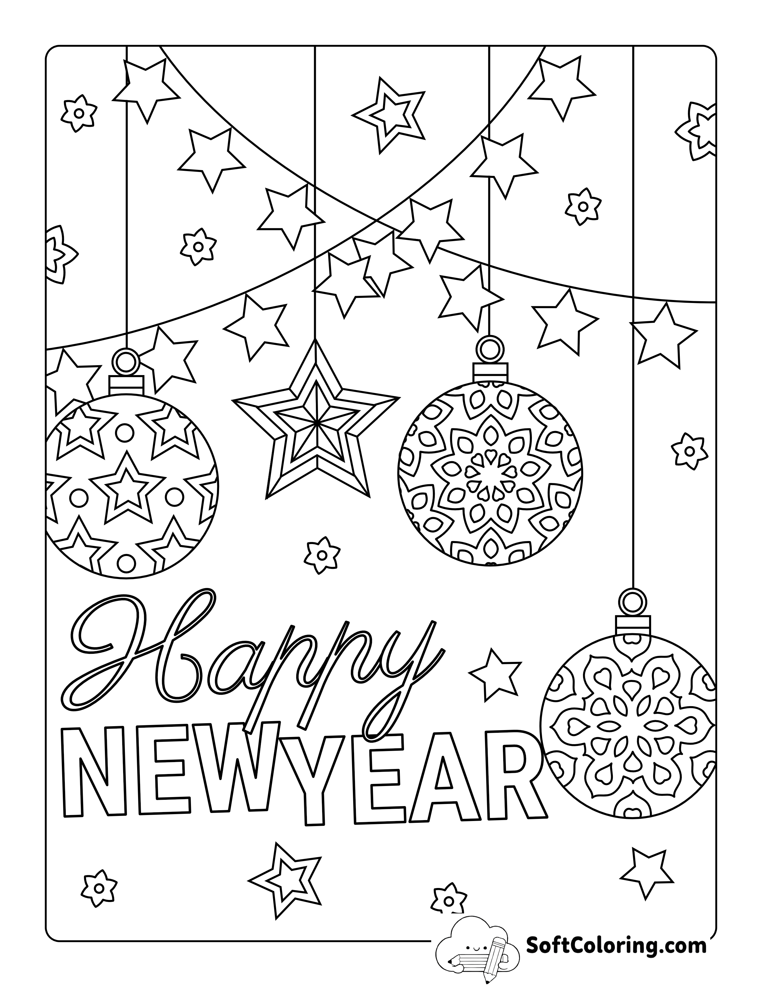 "Happy New Year" Stars and Baubles Picture to Color