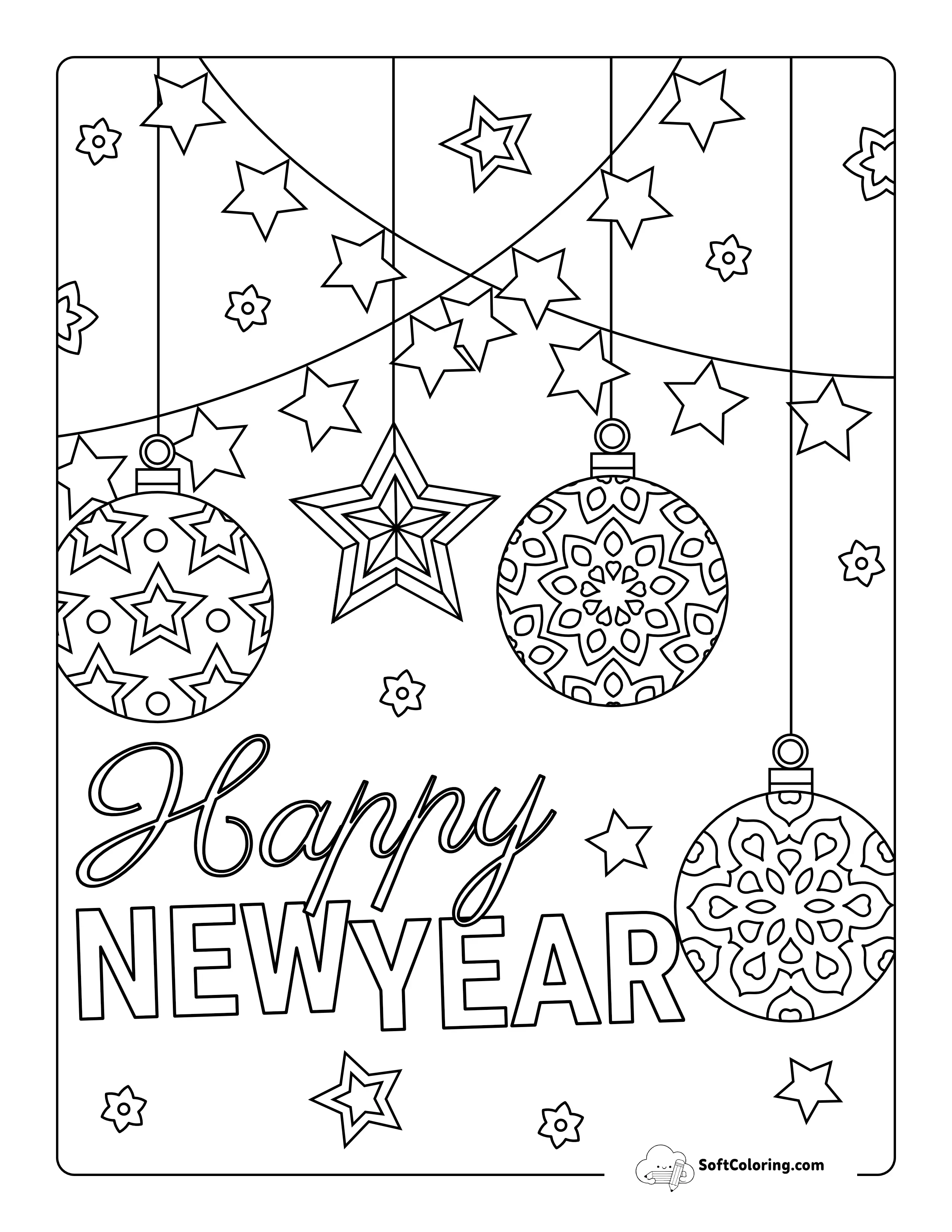 "Happy New Year" Stars And Baubles Picture To Color