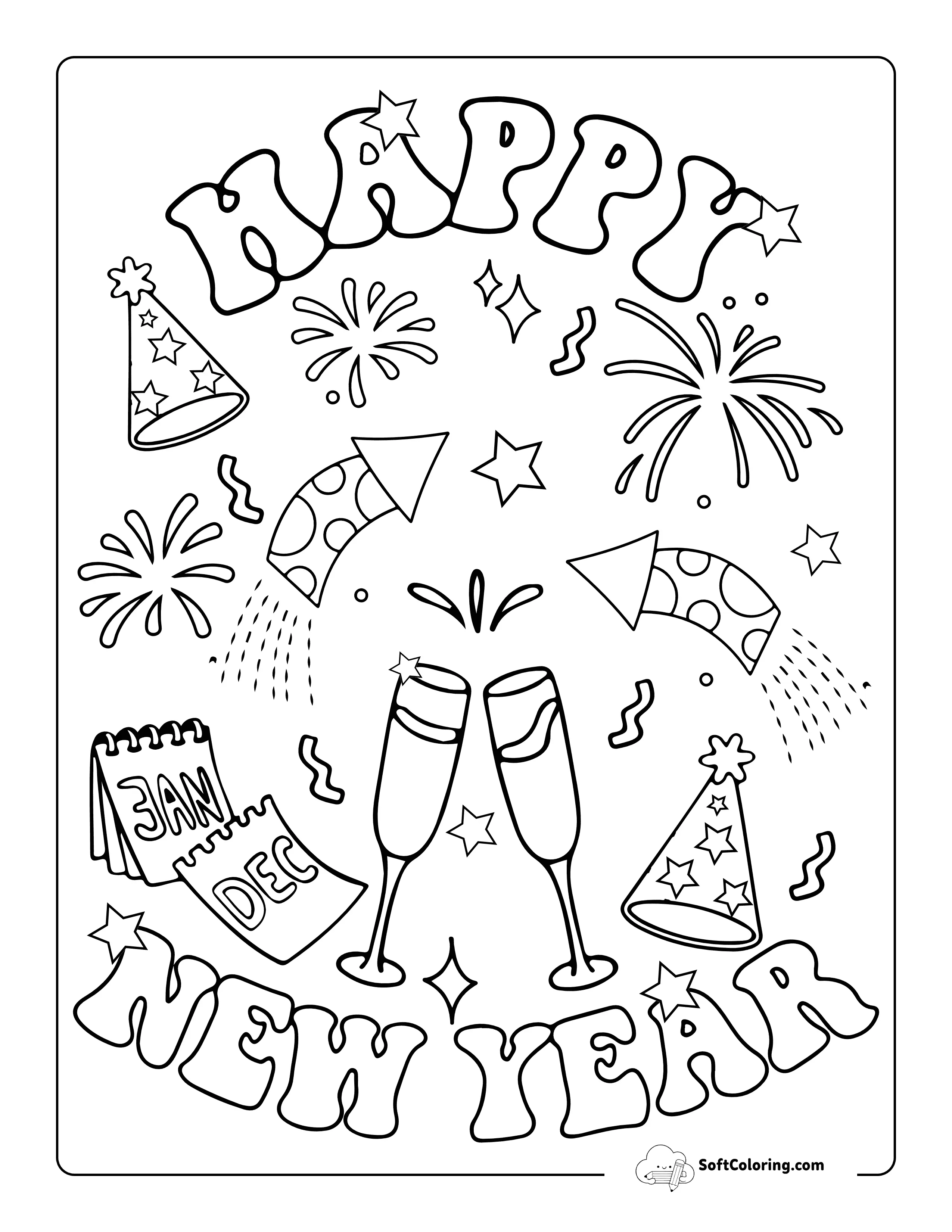 New! Fireworks And Confetti Happy New Year Coloring Page