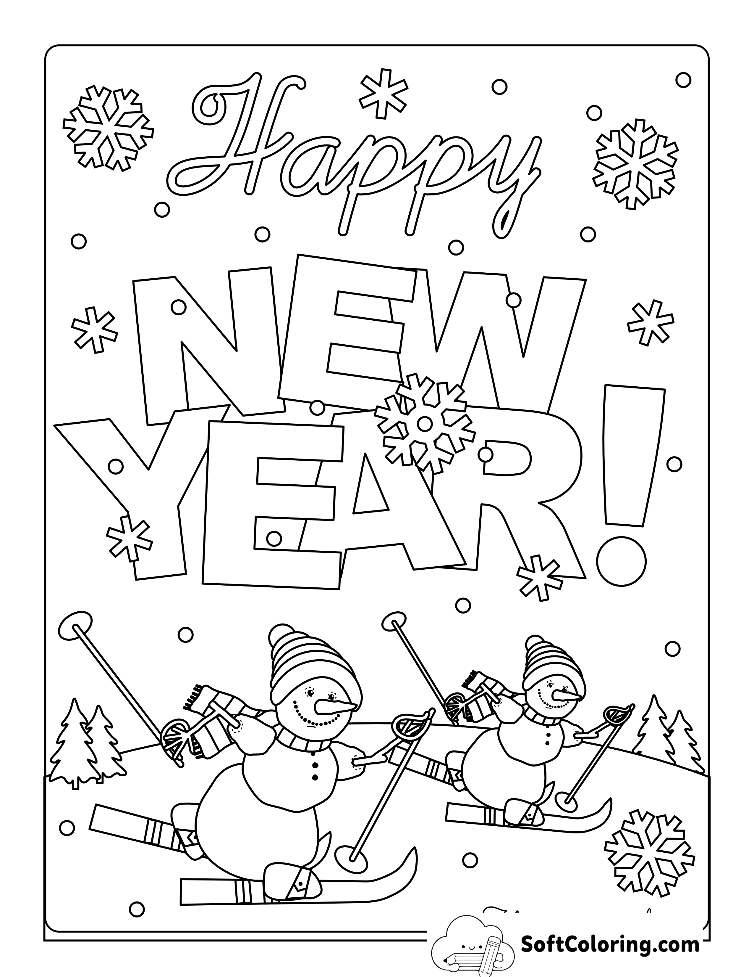 "Happy New Year" Winter Snow Scene to Color