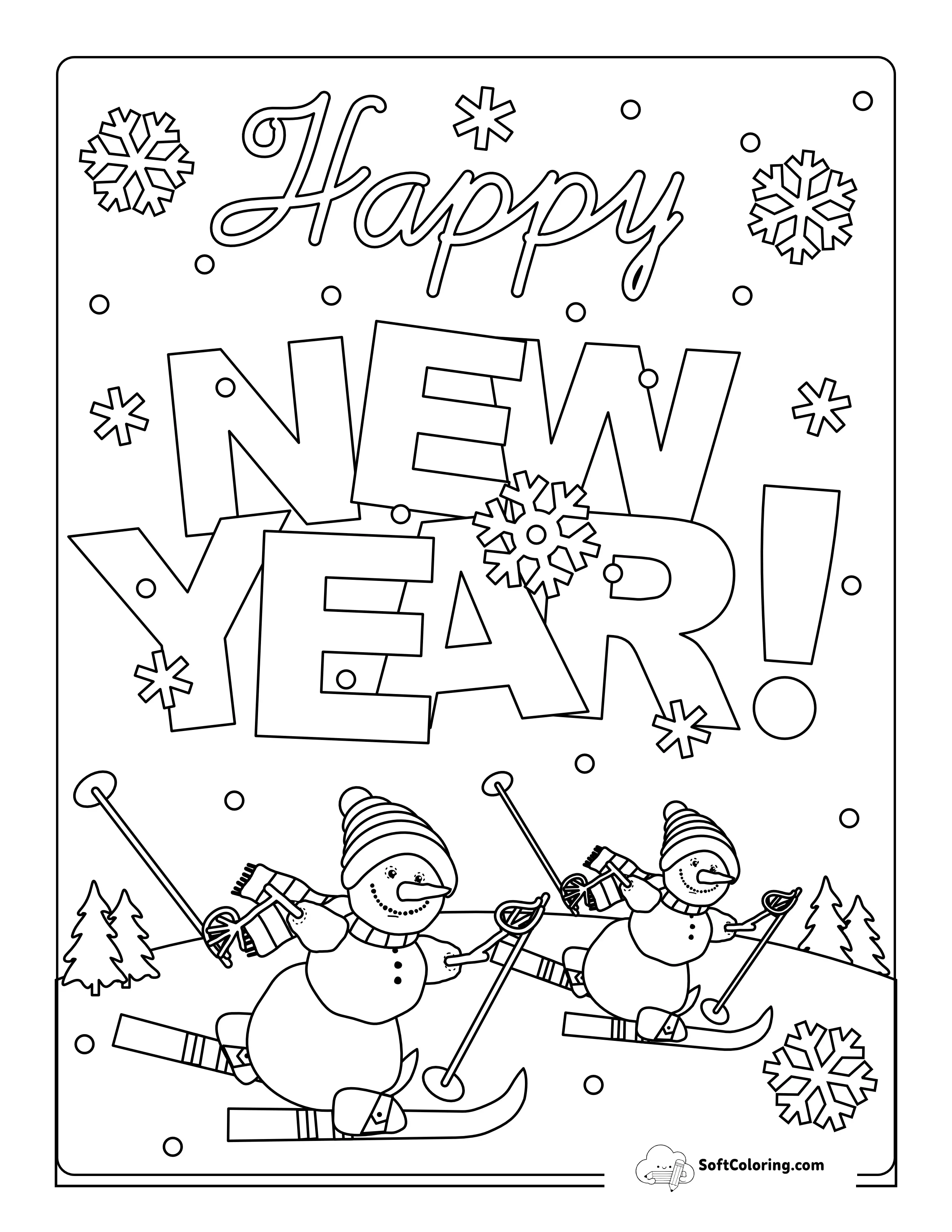 "Happy New Year" Winter Snow Scene To Color