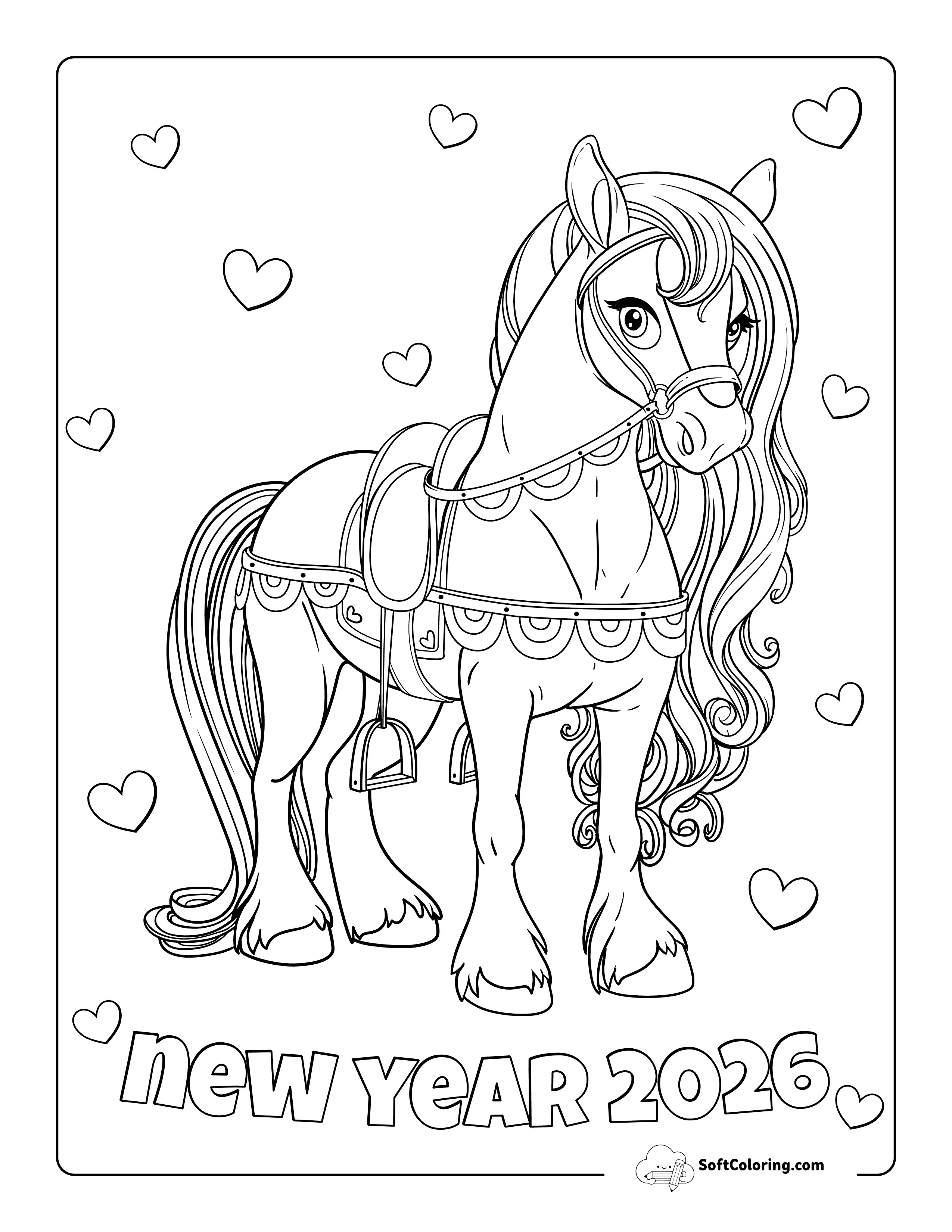 Horse Happy Lunar New Year Coloring Page 2026