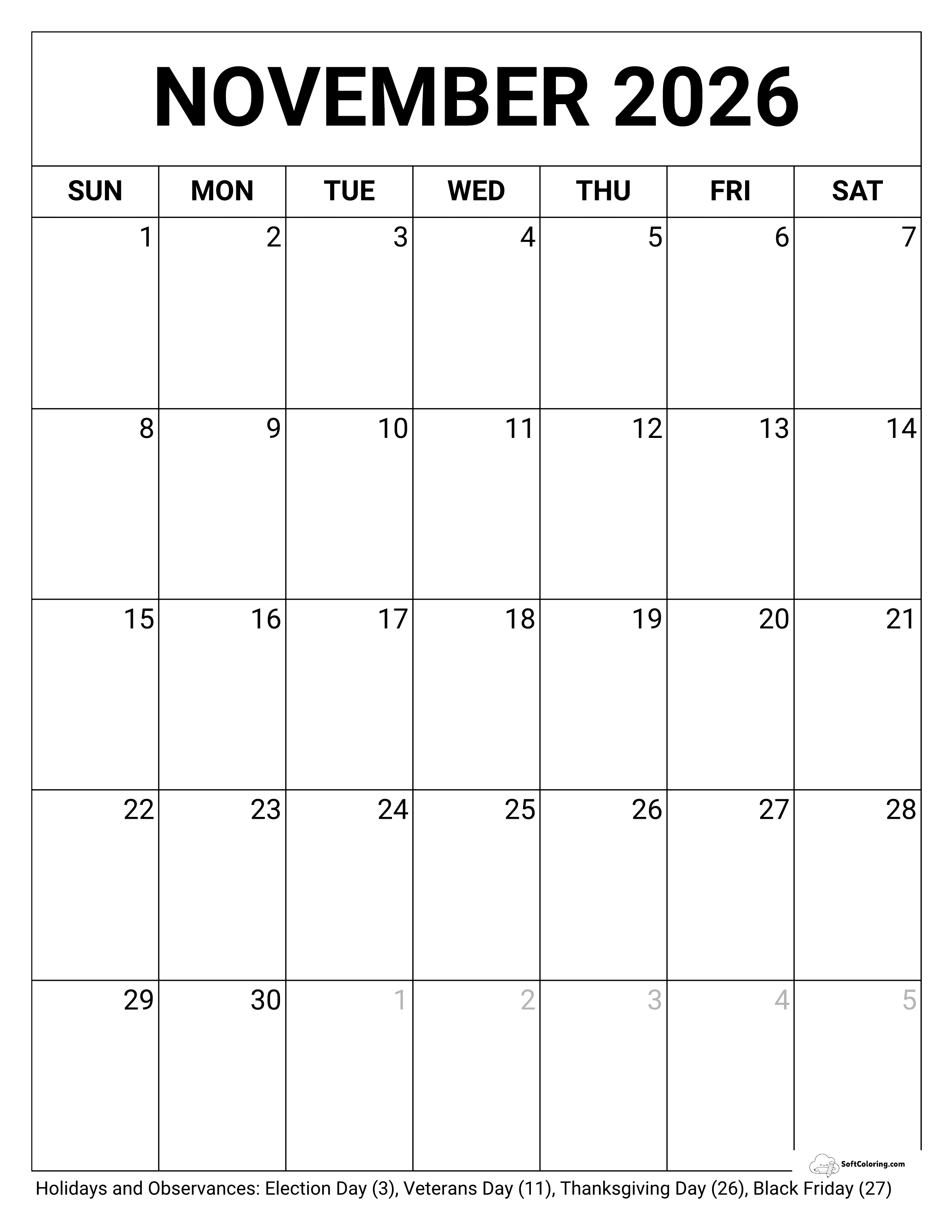 Blank Portrait November 2026 Calendar