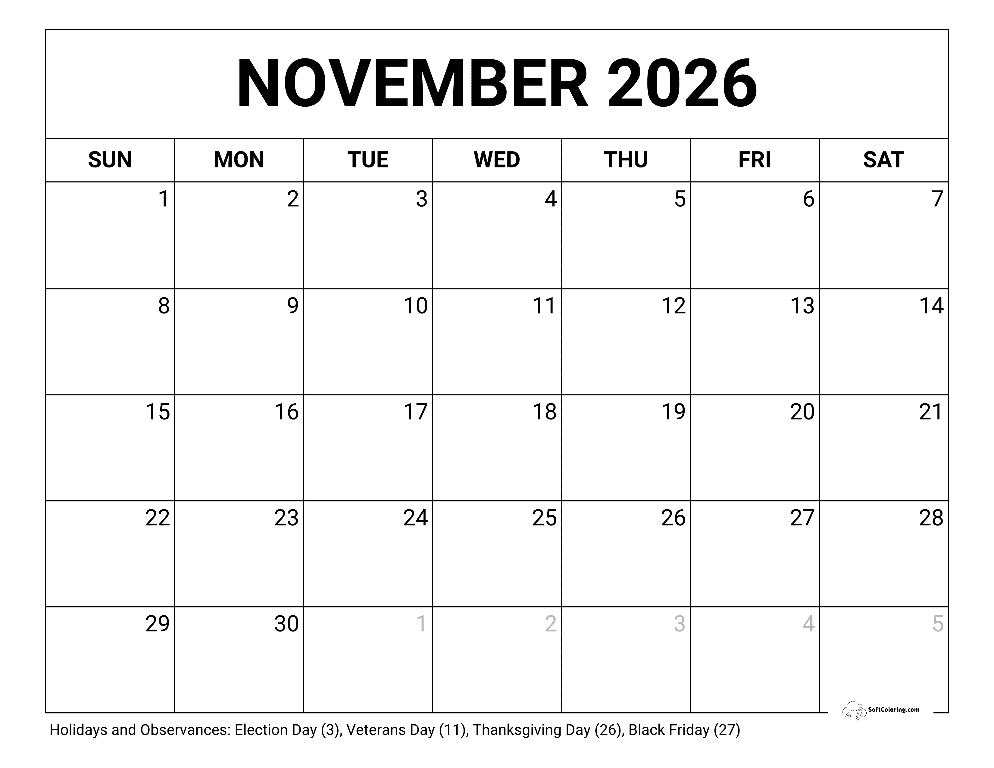 Blank November 2026 Calendar