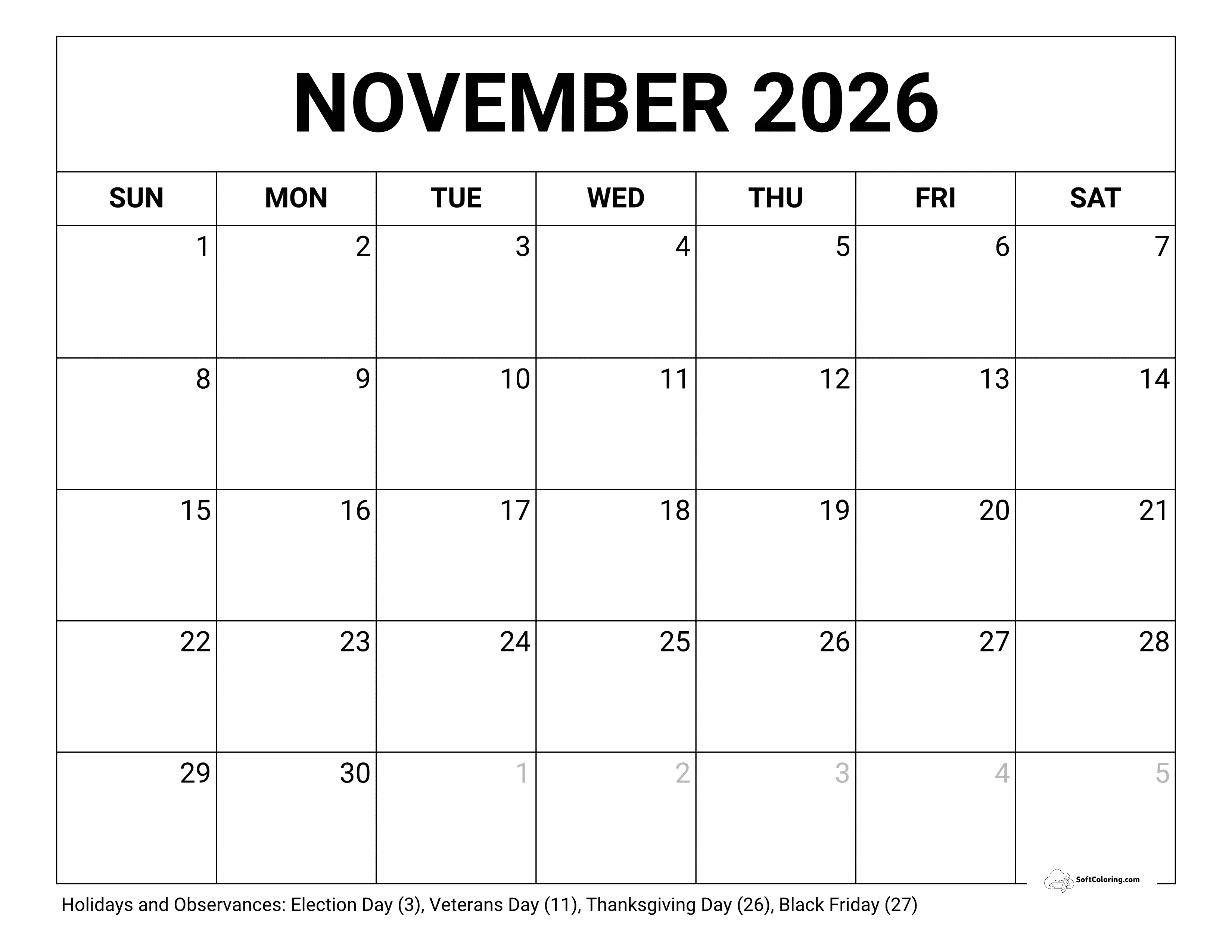 Blank November 2026 Calendar