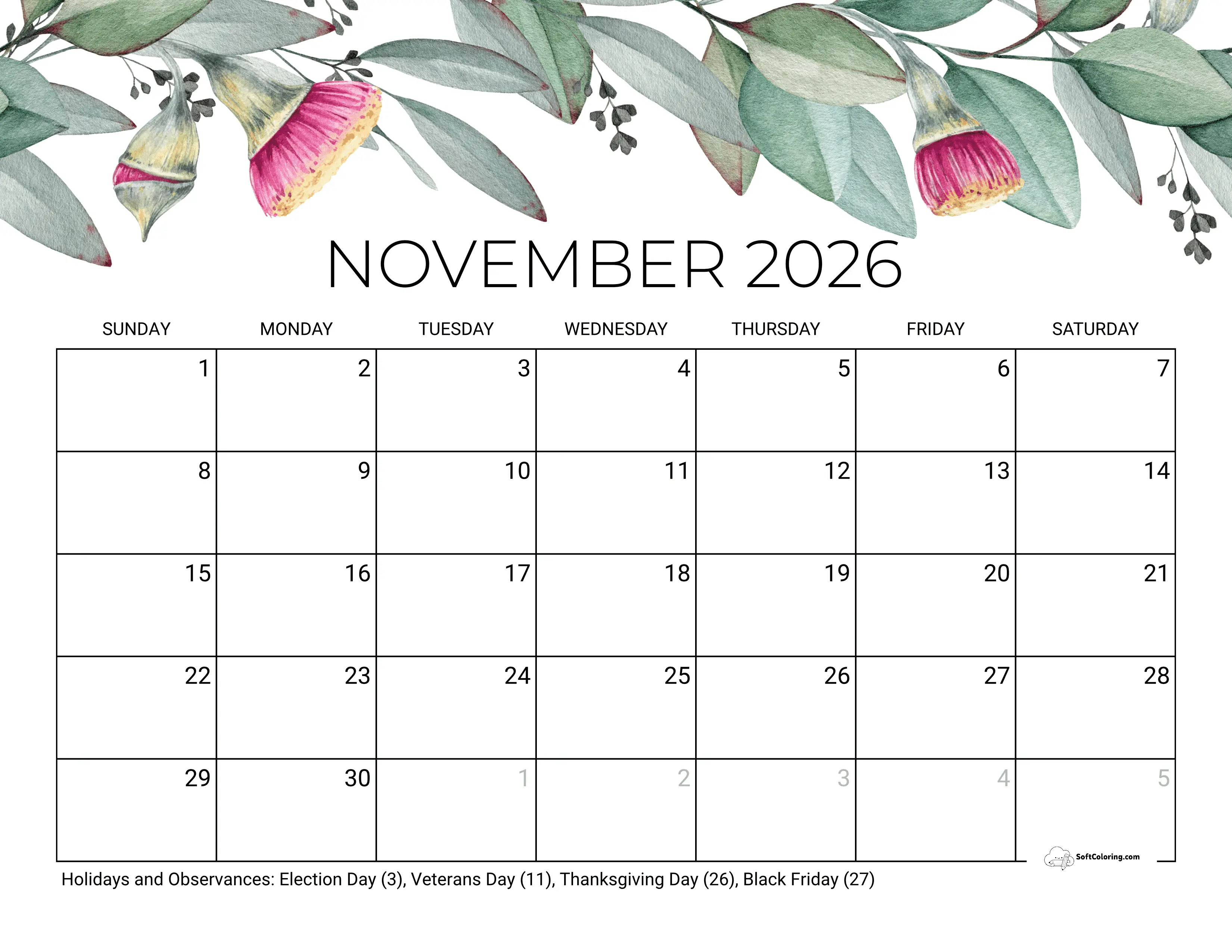 Eucalyptus November 2026 Calendar