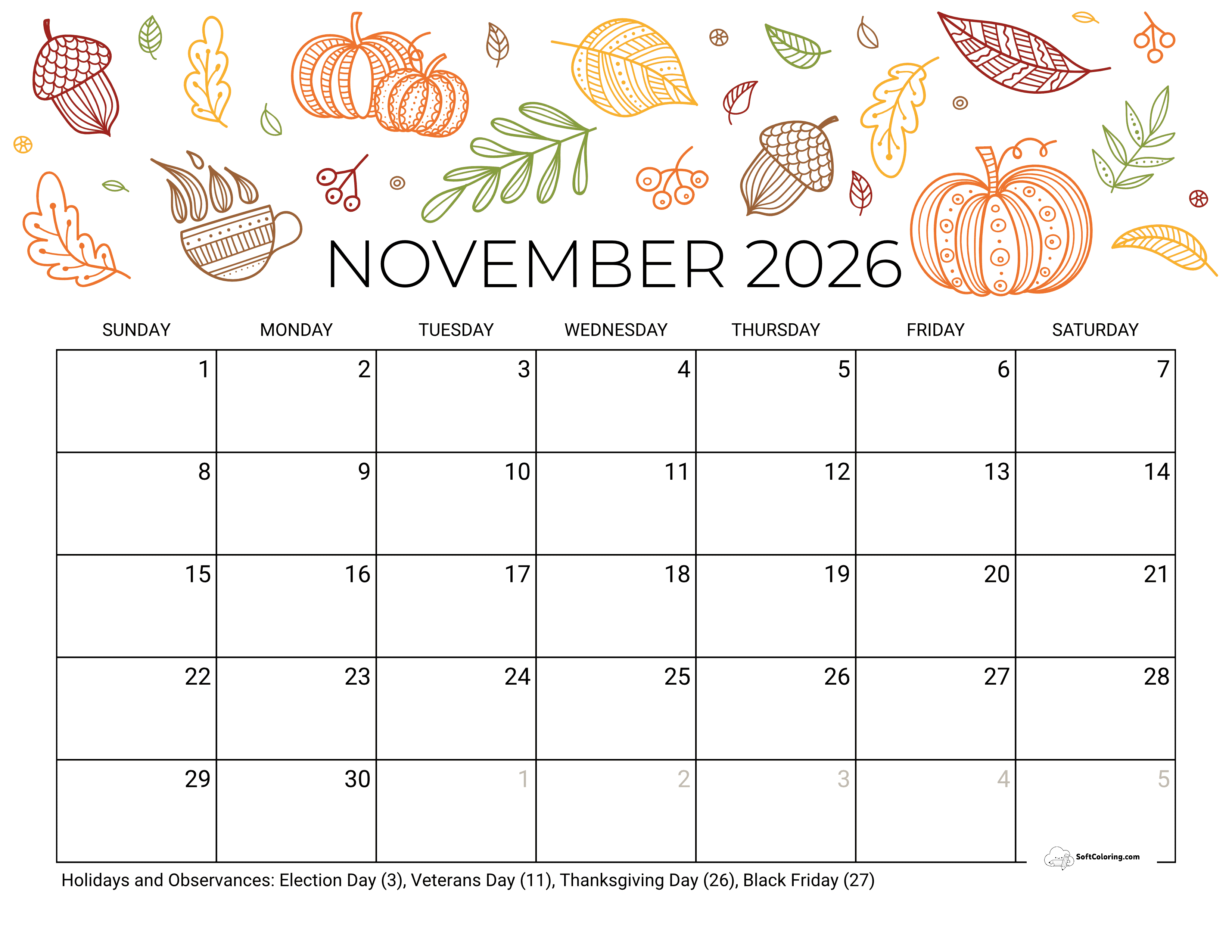 Fall Themes November 2026 Calendar