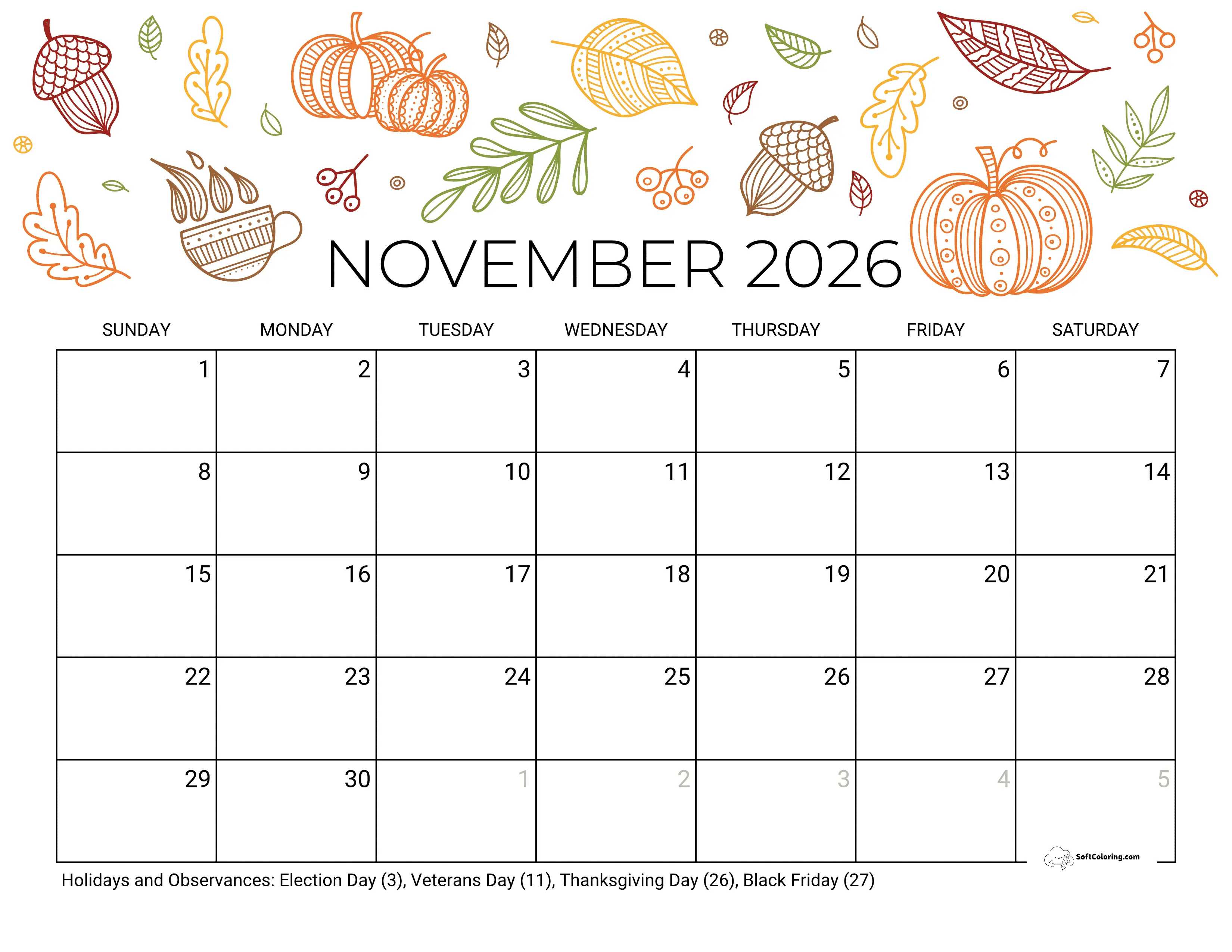 Fall Themes November 2026 Calendar