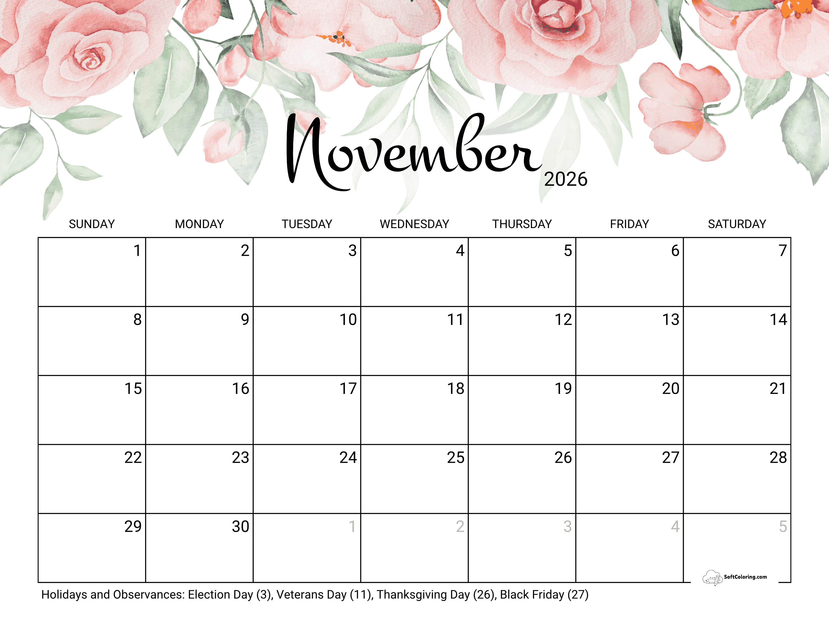 Roses November 2026 Calendar